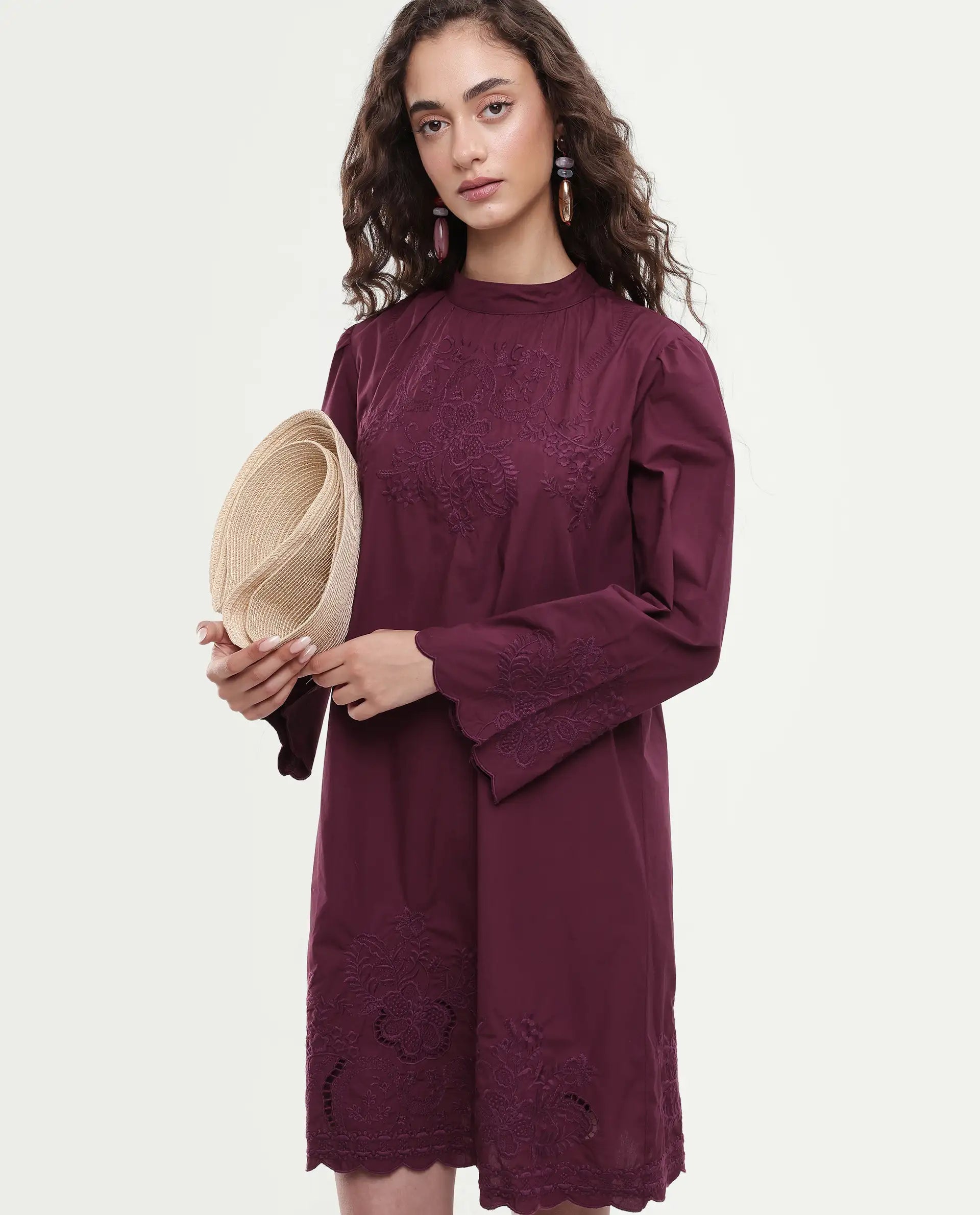 Rareism Women's Jenmin Maroon Cotton Bell Sleeves Mandarin Collar A-Line Fit Plain Dress