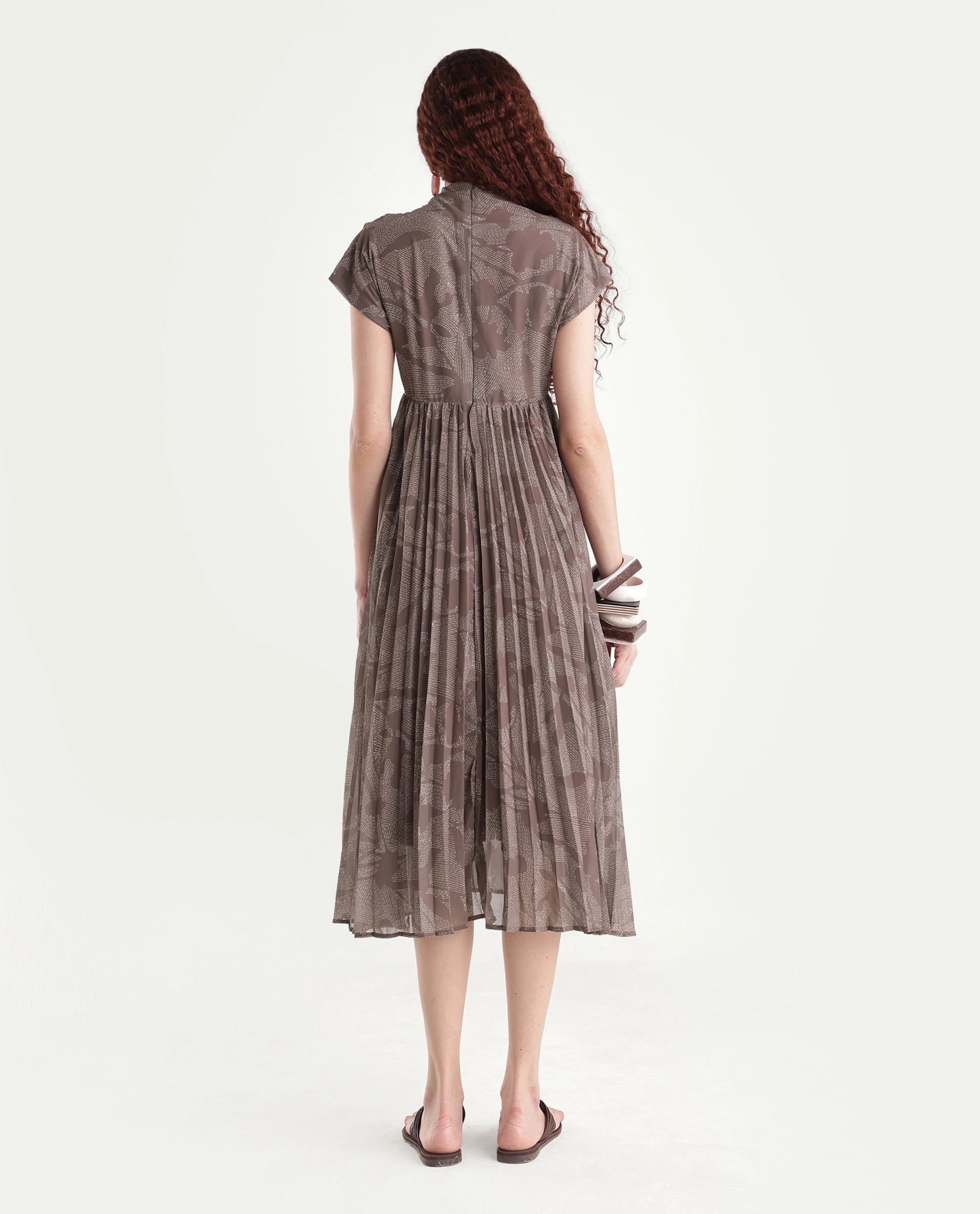 Rareism Women's Juremi Light Brown Cotton V-Neck Fit And Flare Printed Dress