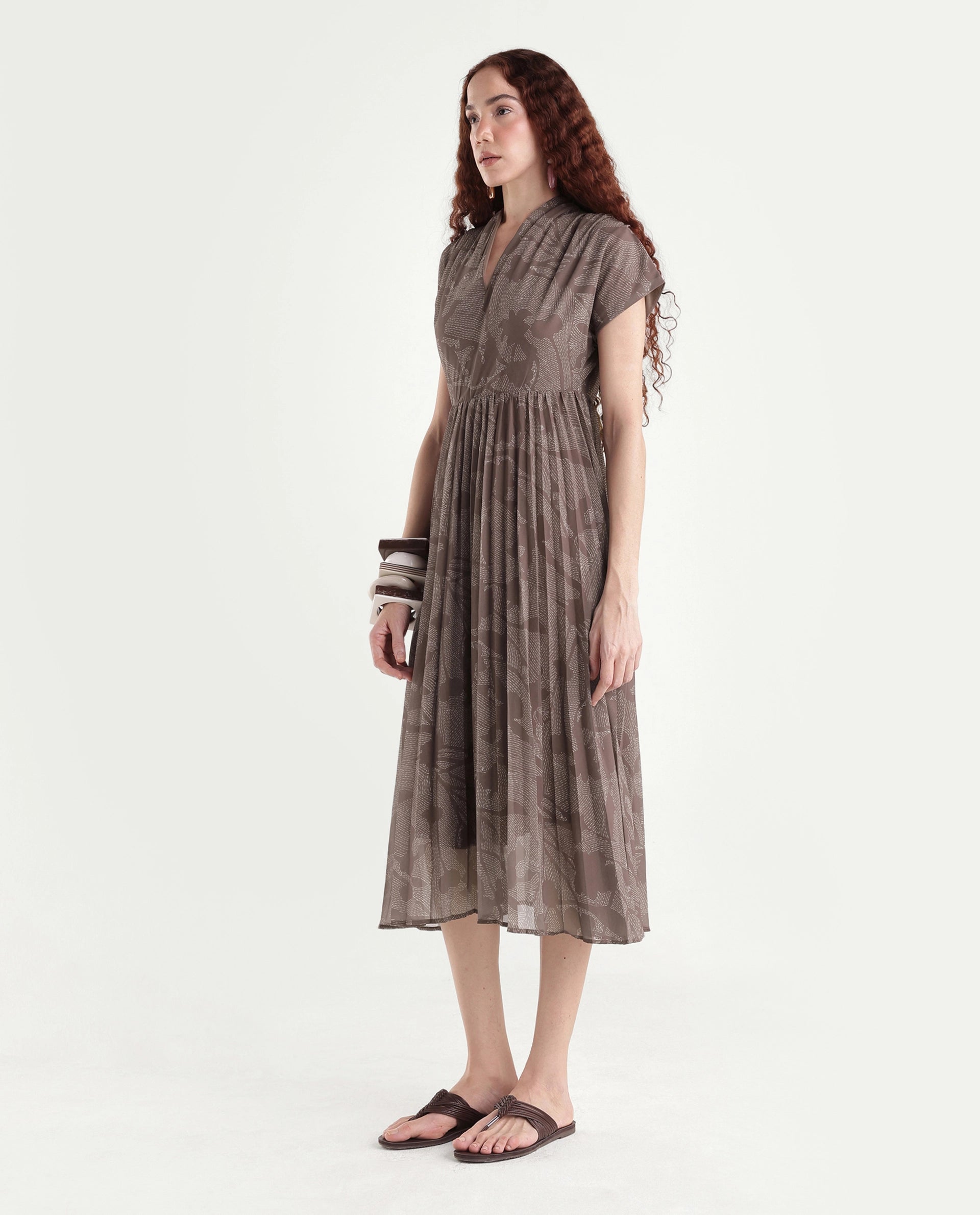 Rareism Women's Juremi Light Brown Cotton V-Neck Fit And Flare Printed Dress
