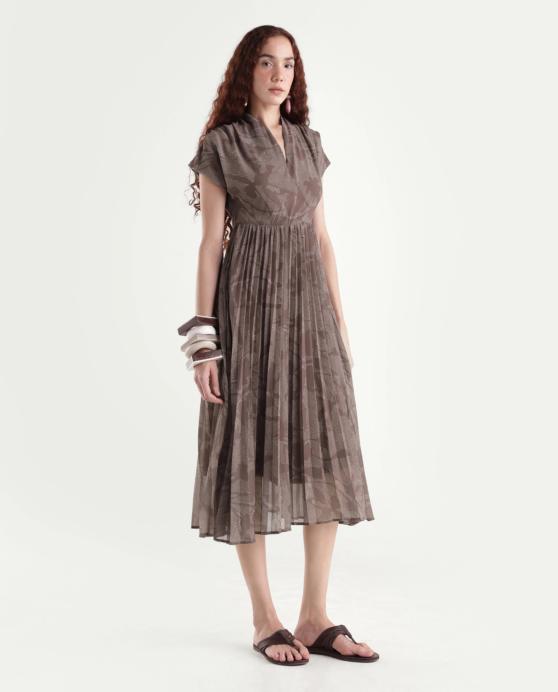 Rareism Women's Juremi Light Brown Cotton V-Neck Fit And Flare Printed Dress