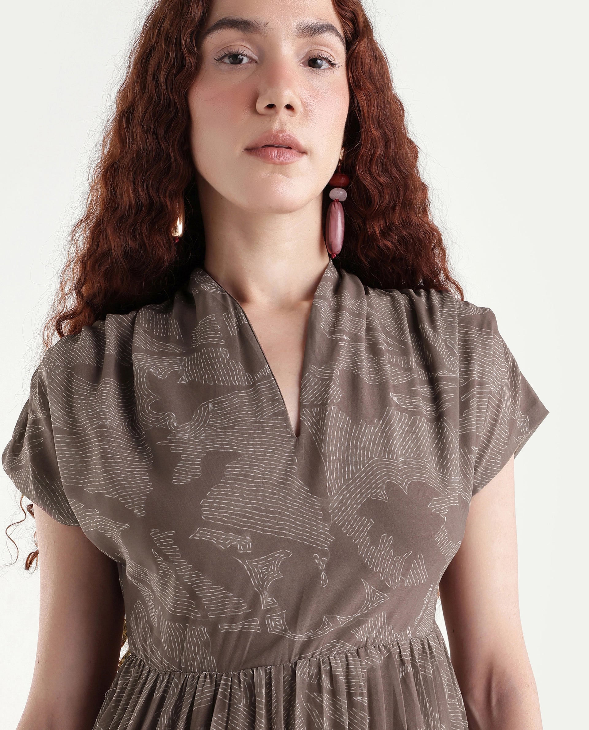 Rareism Women's Juremi Light Brown Cotton V-Neck Fit And Flare Printed Dress