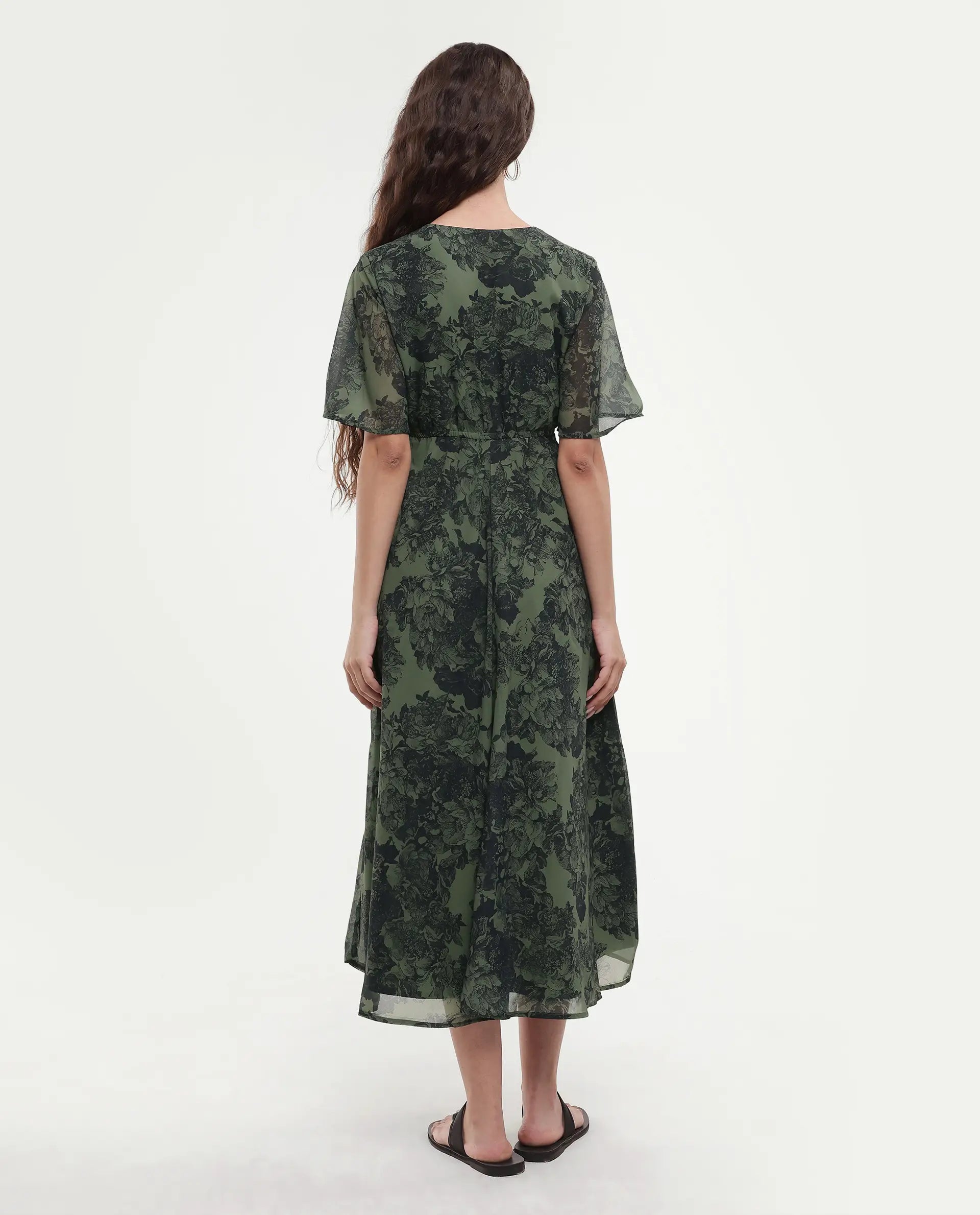 Rareism Women's Elgon Dark Green Polyester V-Neck Flared Floral Print Midi Dress