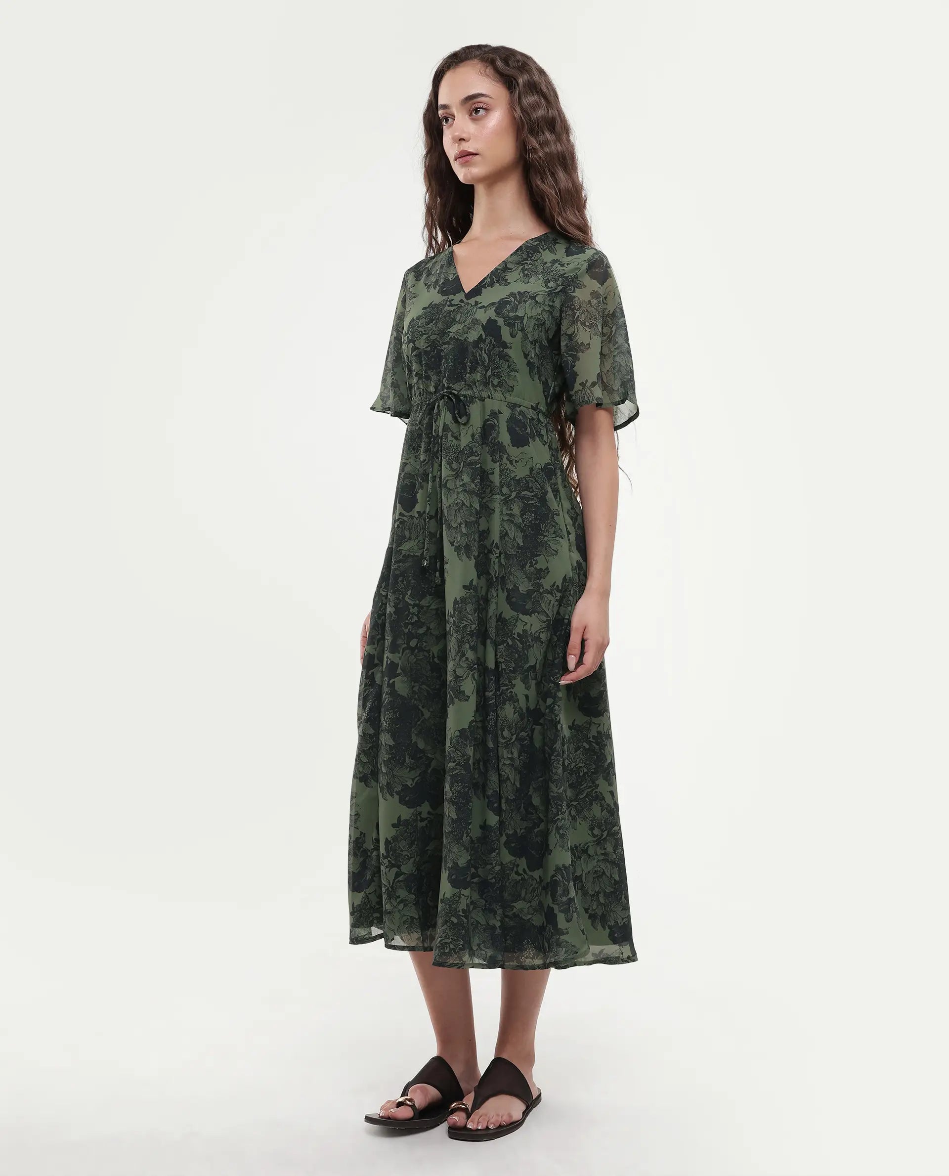 Rareism Women's Elgon Dark Green Polyester V-Neck Flared Floral Print Midi Dress