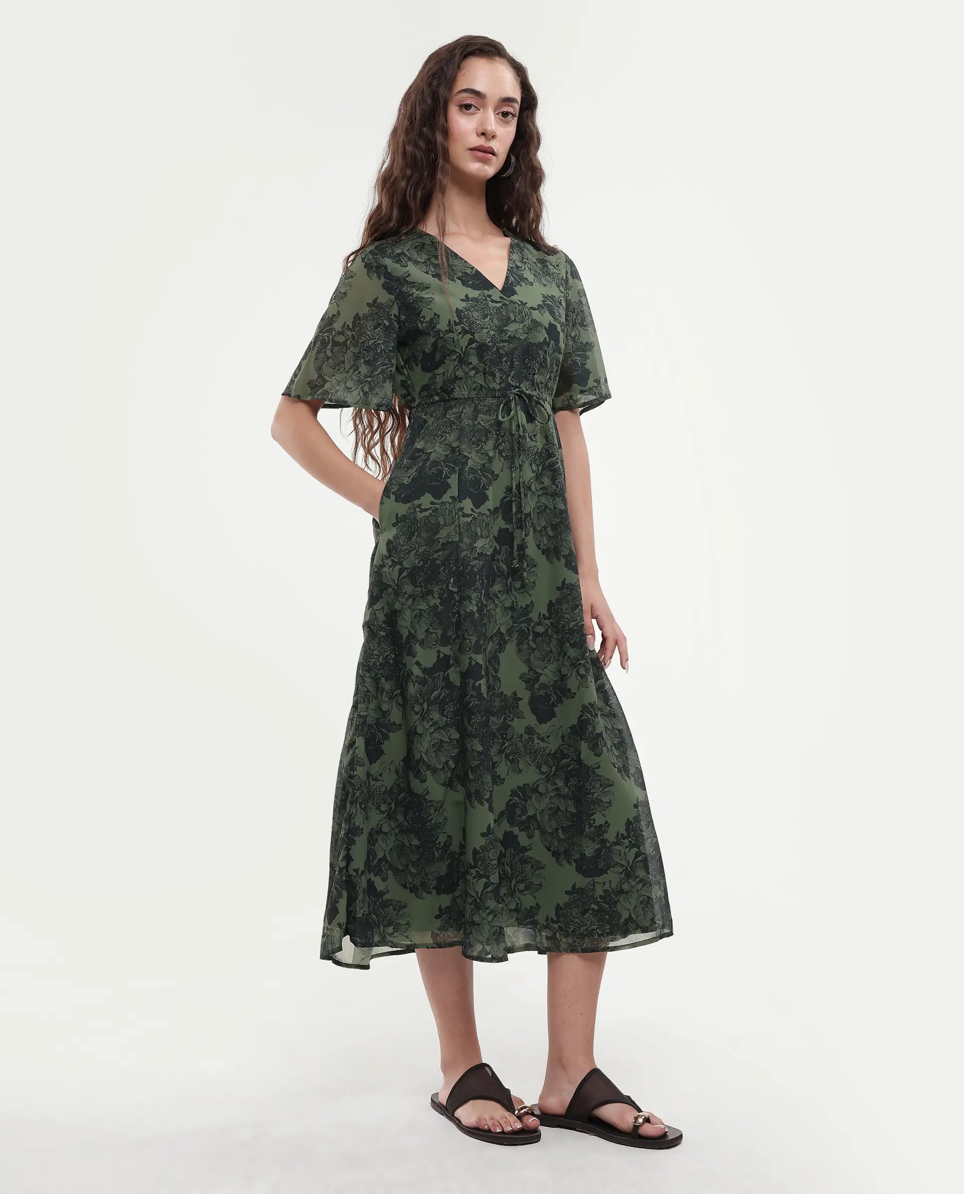 Rareism Women's Elgon Dark Green Polyester V-Neck Flared Floral Print Midi Dress