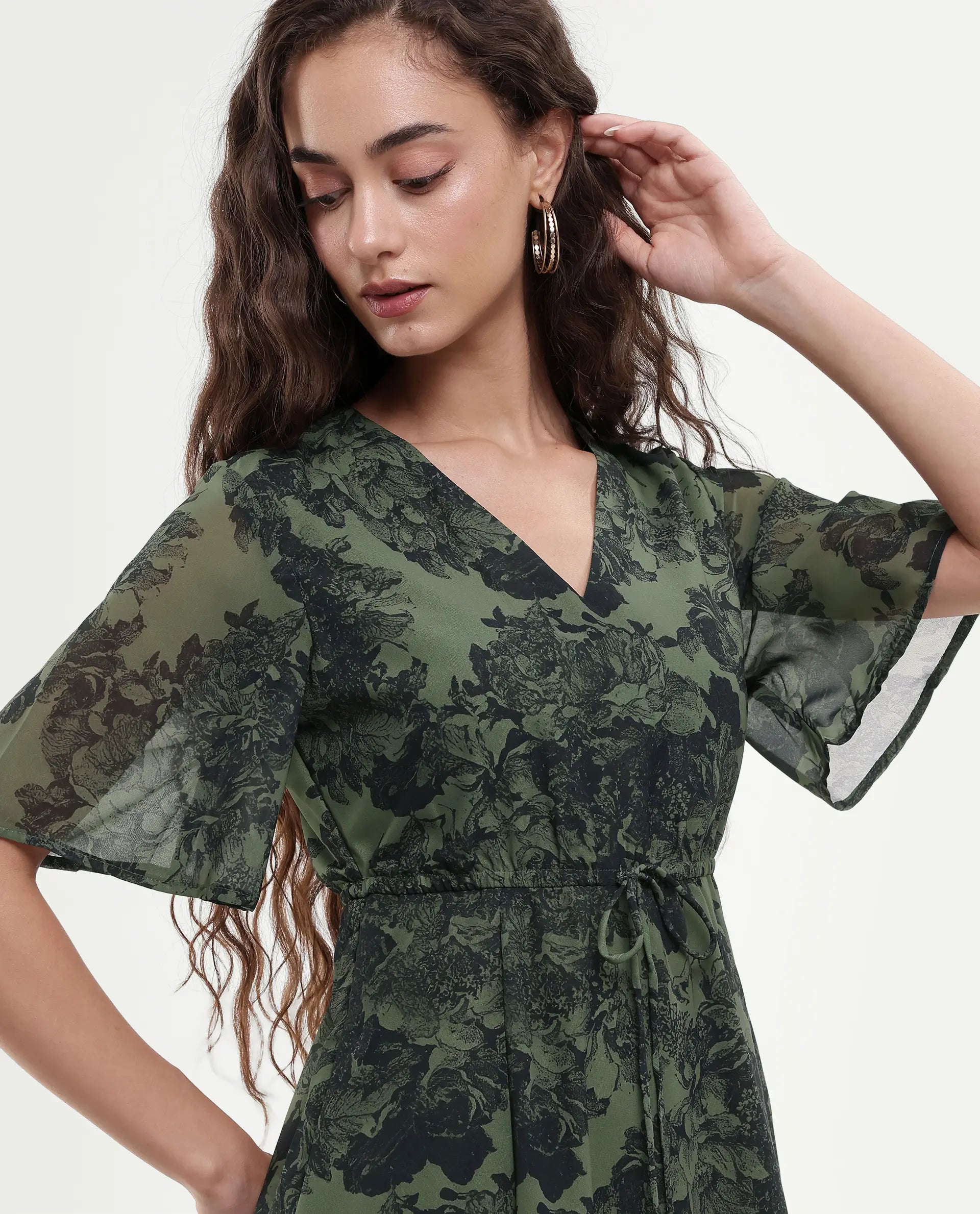 Rareism Women's Elgon Dark Green Polyester V-Neck Flared Floral Print Midi Dress