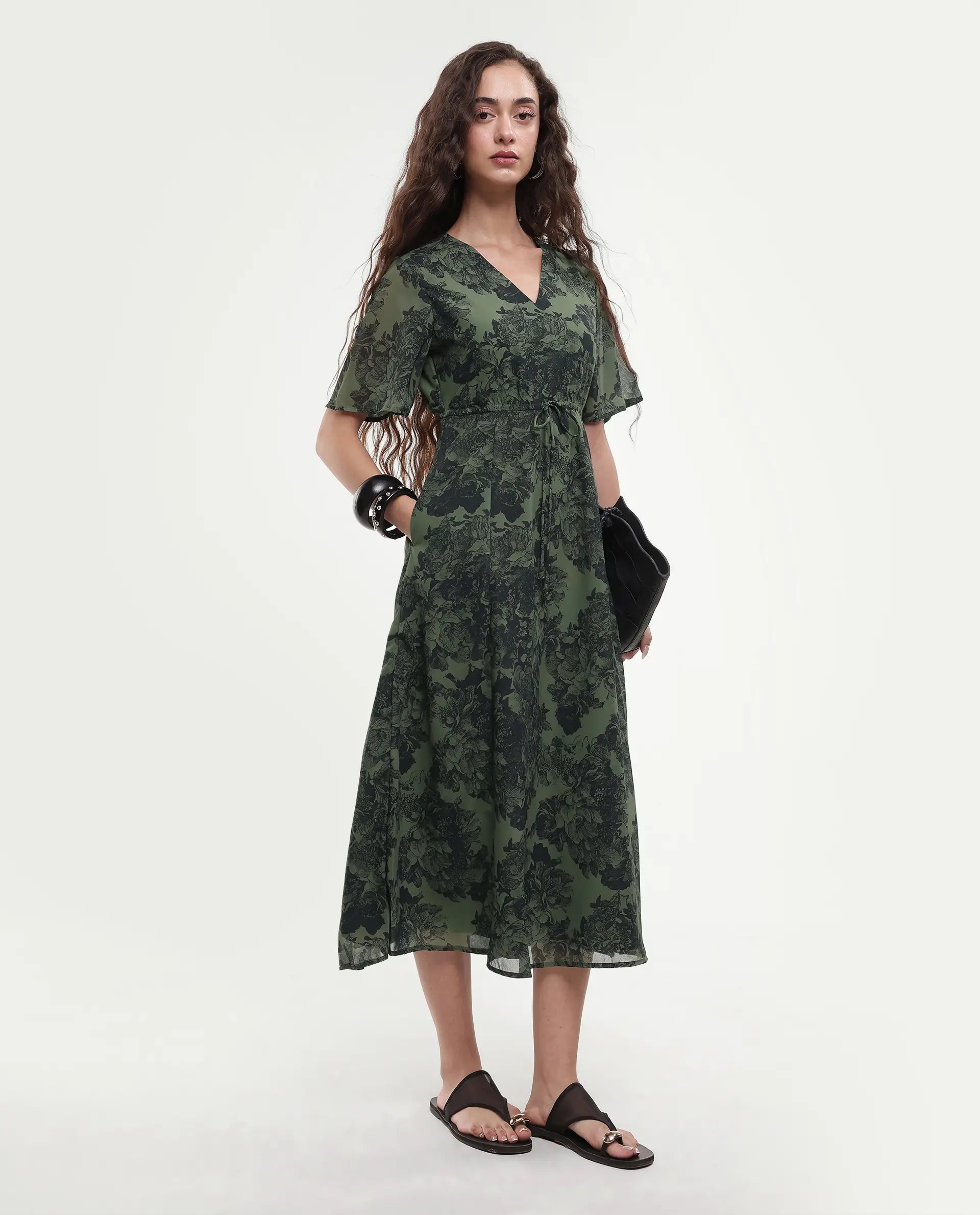 Rareism Women's Elgon Dark Green Polyester V-Neck Flared Floral Print Midi Dress