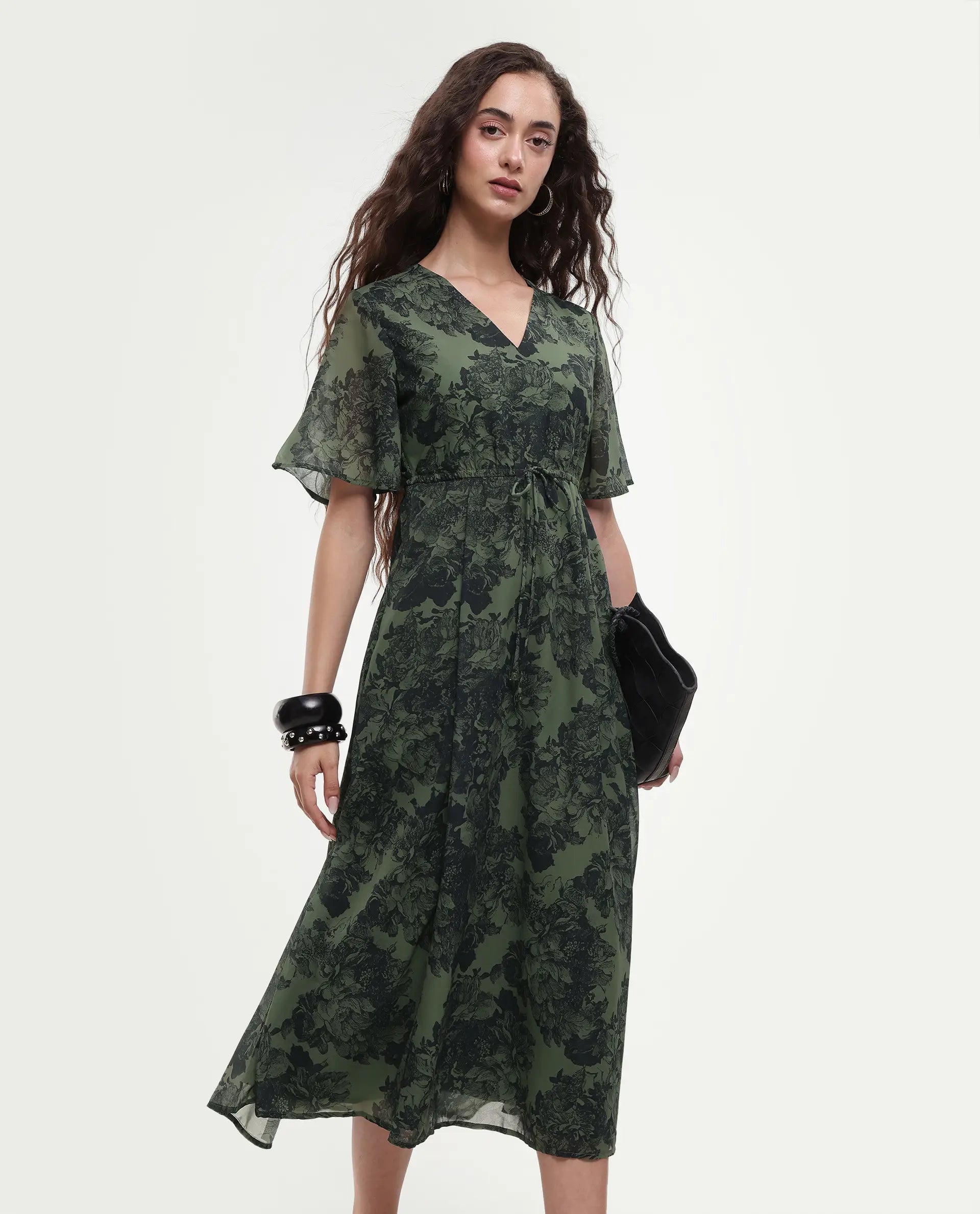 Rareism Women's Elgon Dark Green Polyester V-Neck Flared Floral Print Midi Dress