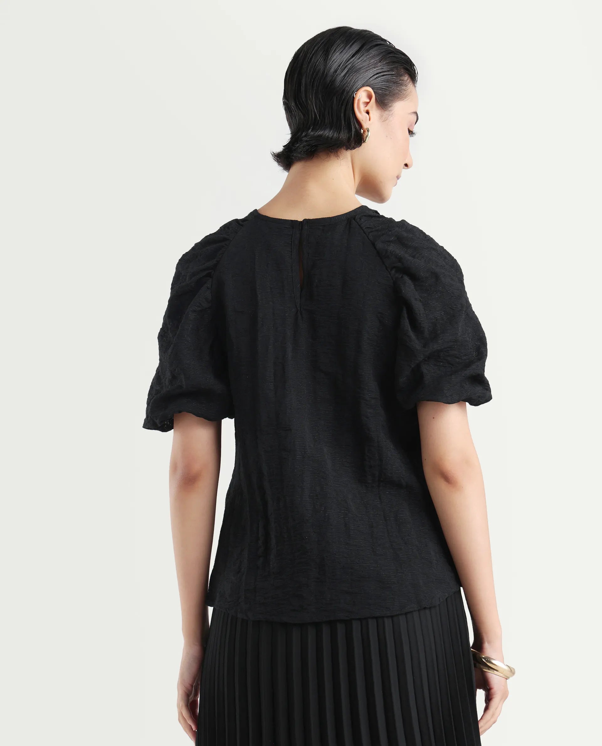 Rareism Women's Nuten Black Nylon Blend Balloon Sleeve Crew Neck Regular Fit Plain Top