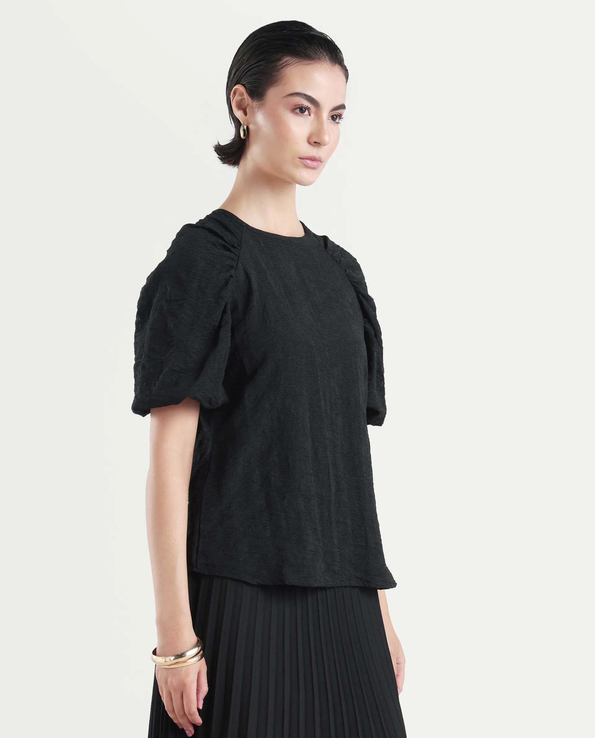 Rareism Women's Nuten Black Nylon Blend Balloon Sleeve Crew Neck Regular Fit Plain Top