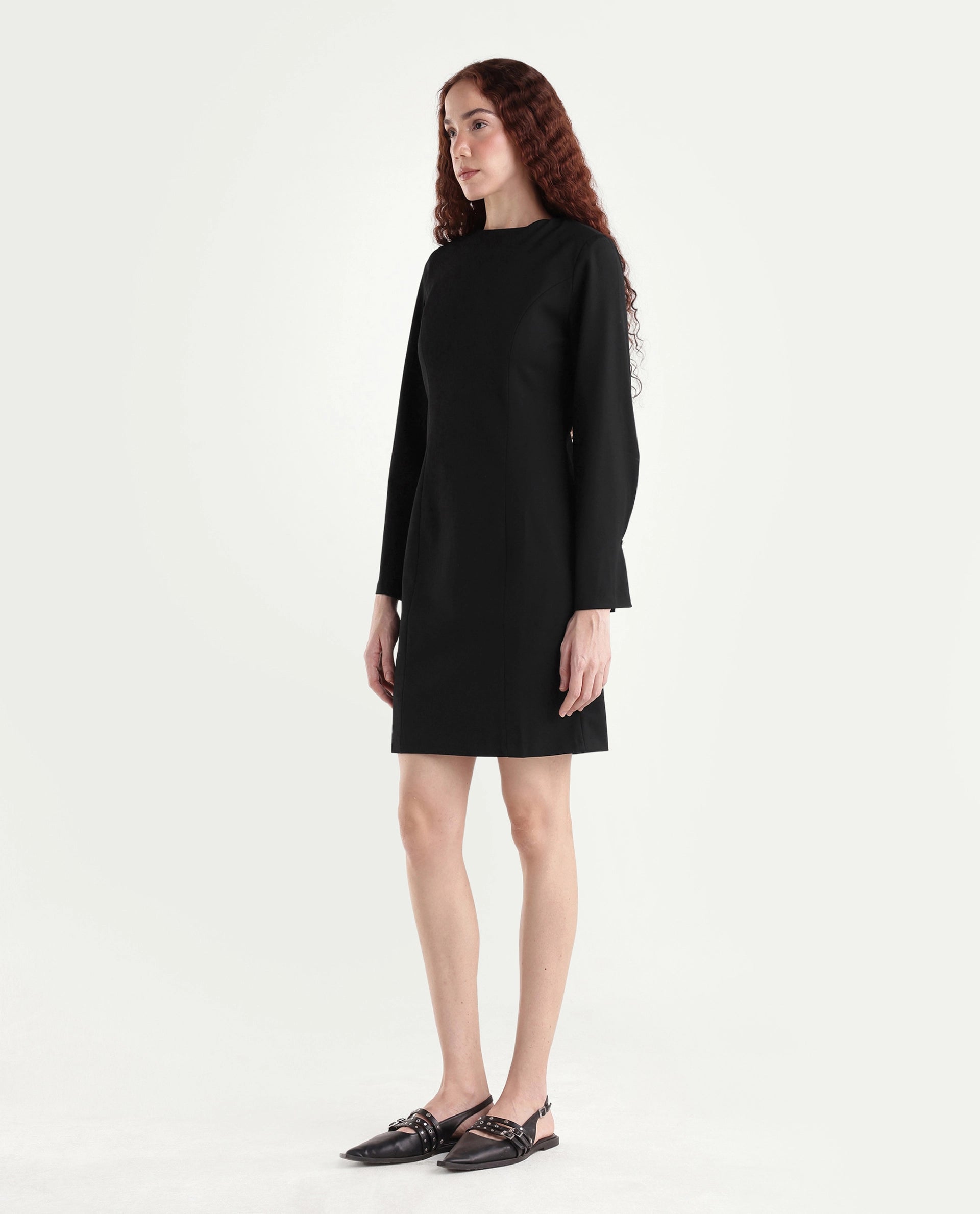 Rareism Women Juna Black Polyester Blend Solid Fitted Dress