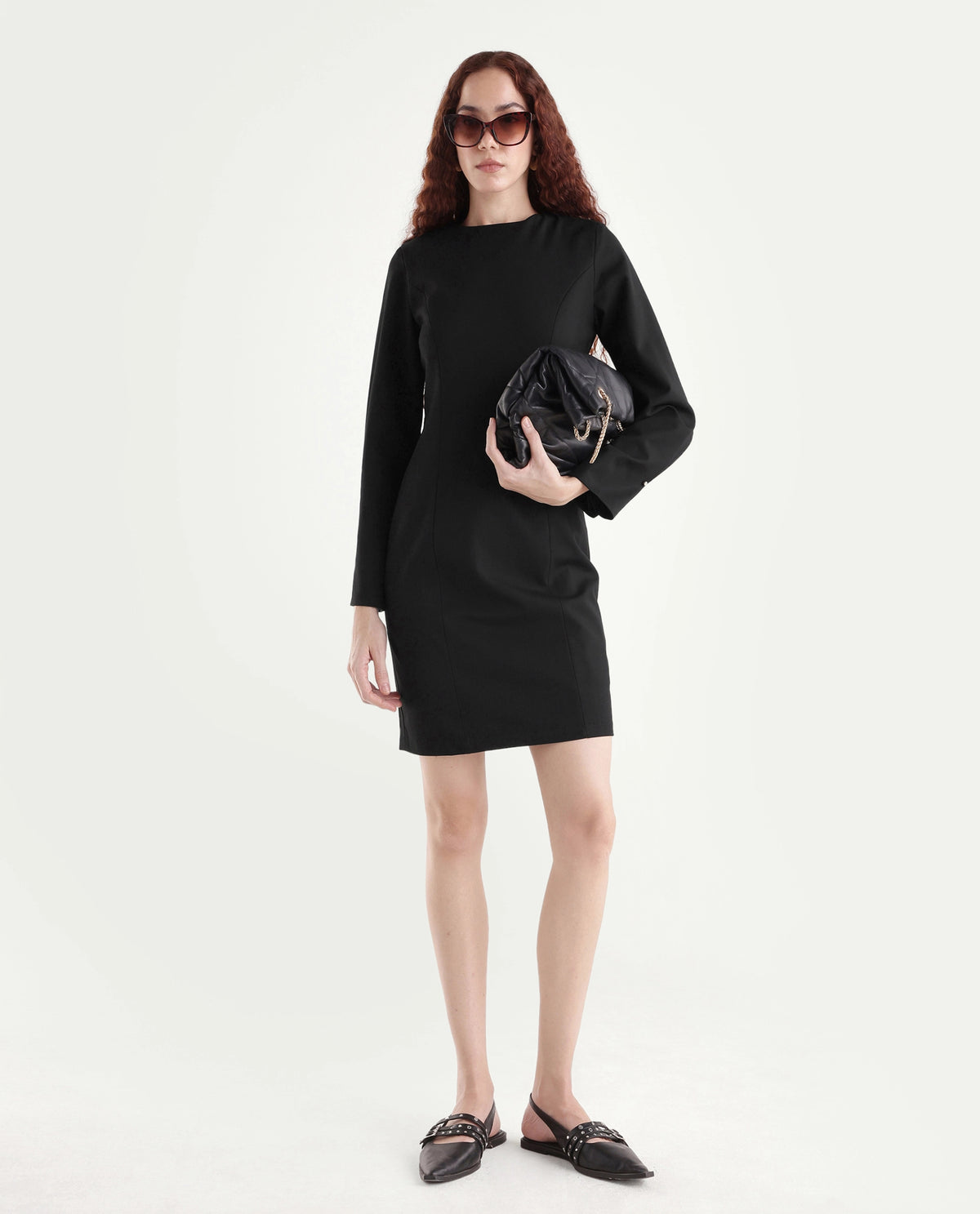 Rareism Women Juna Black Polyester Blend Solid Fitted Dress