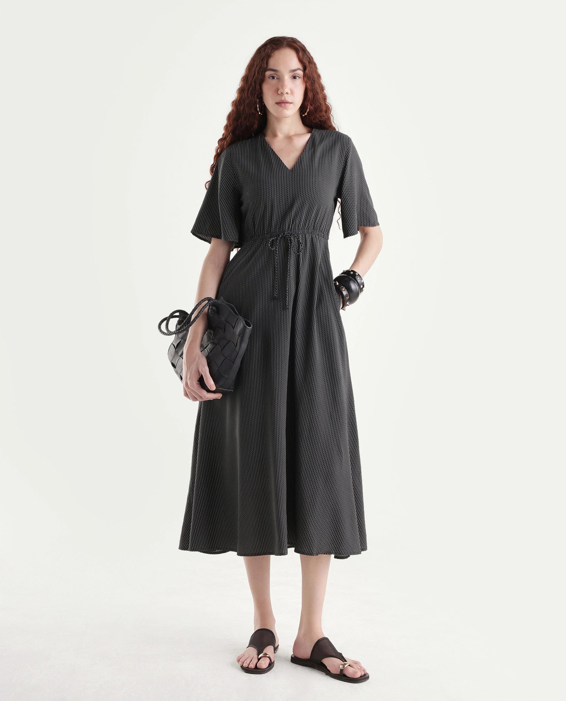 Rareism Women's Eloys Black Viscose V-Neck Flared Printed Midi Dress