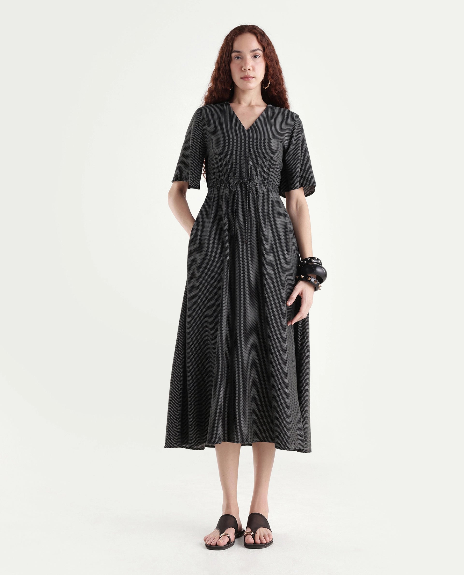 Rareism Women's Eloys Black Viscose V-Neck Flared Printed Midi Dress