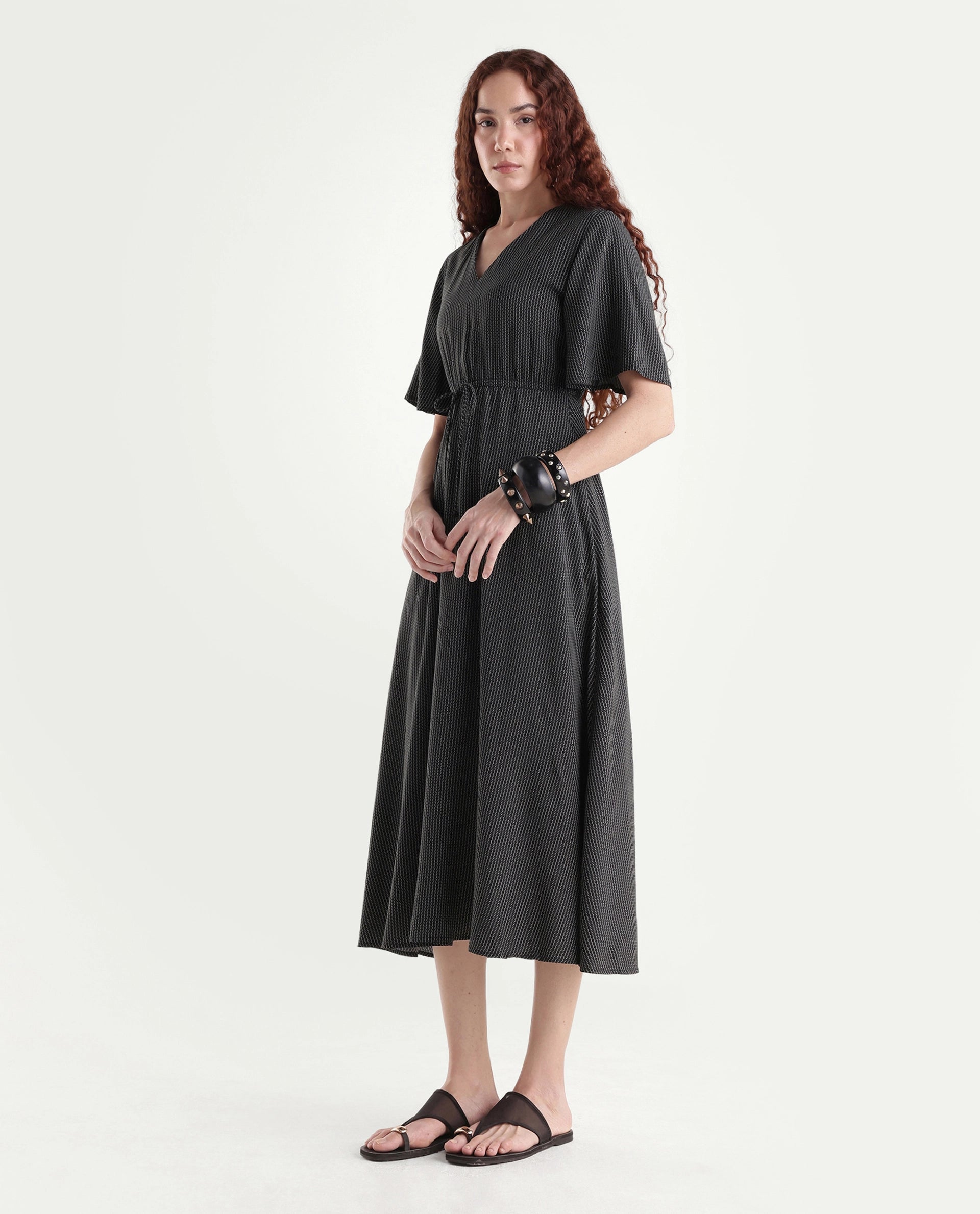 Rareism Women's Eloys Black Viscose V-Neck Flared Printed Midi Dress