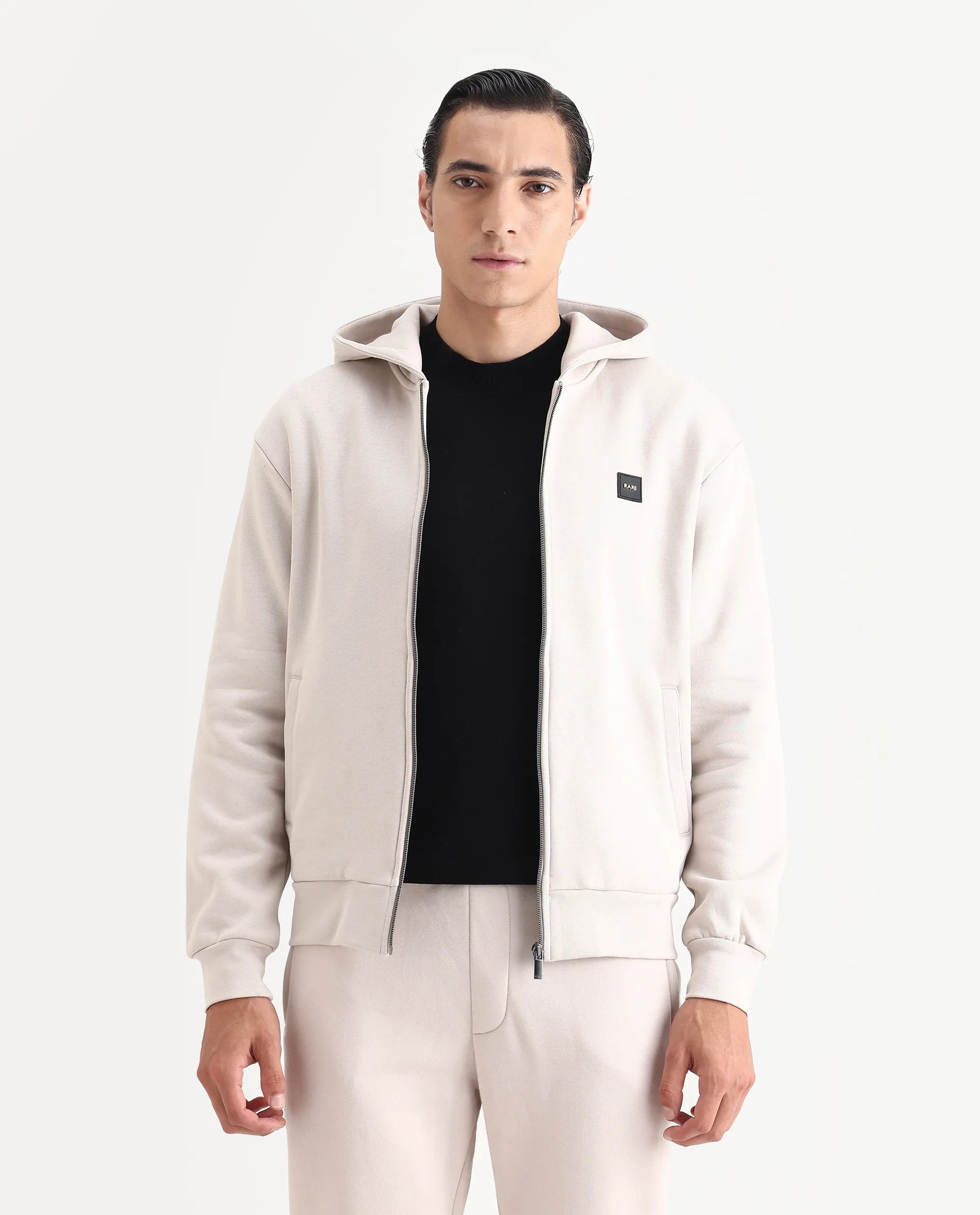 Rare Rabbit Men's Anderson-T25 Beige Cotton Blend Plain Regular Fit Full Sleeve Hooded Sweatshirt