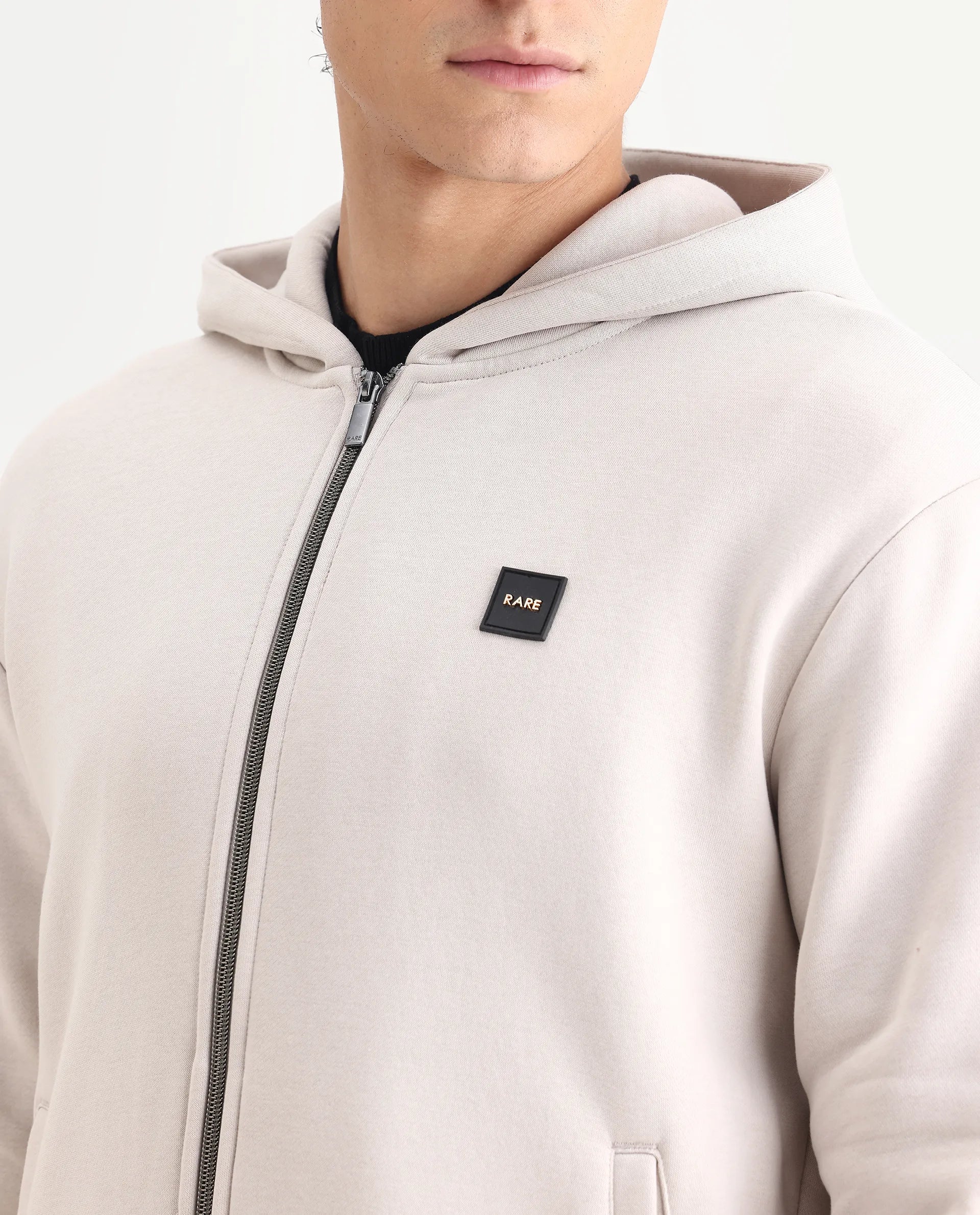 Rare Rabbit Men's Anderson-T25 Beige Cotton Blend Plain Regular Fit Full Sleeve Hooded Sweatshirt