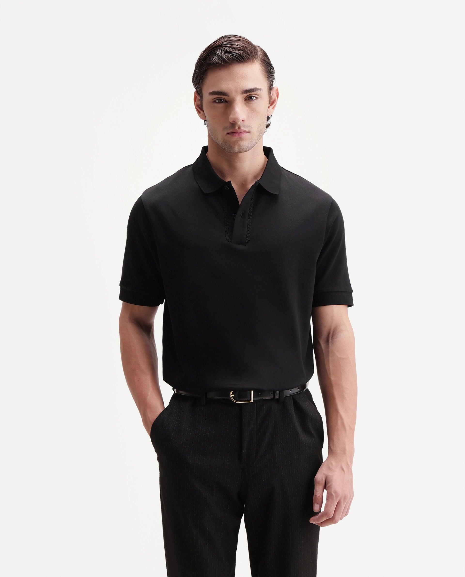 Rare Rabbit Men's Drid Black Cotton Fabric Half Sleeve Spread Collar Plain Polo