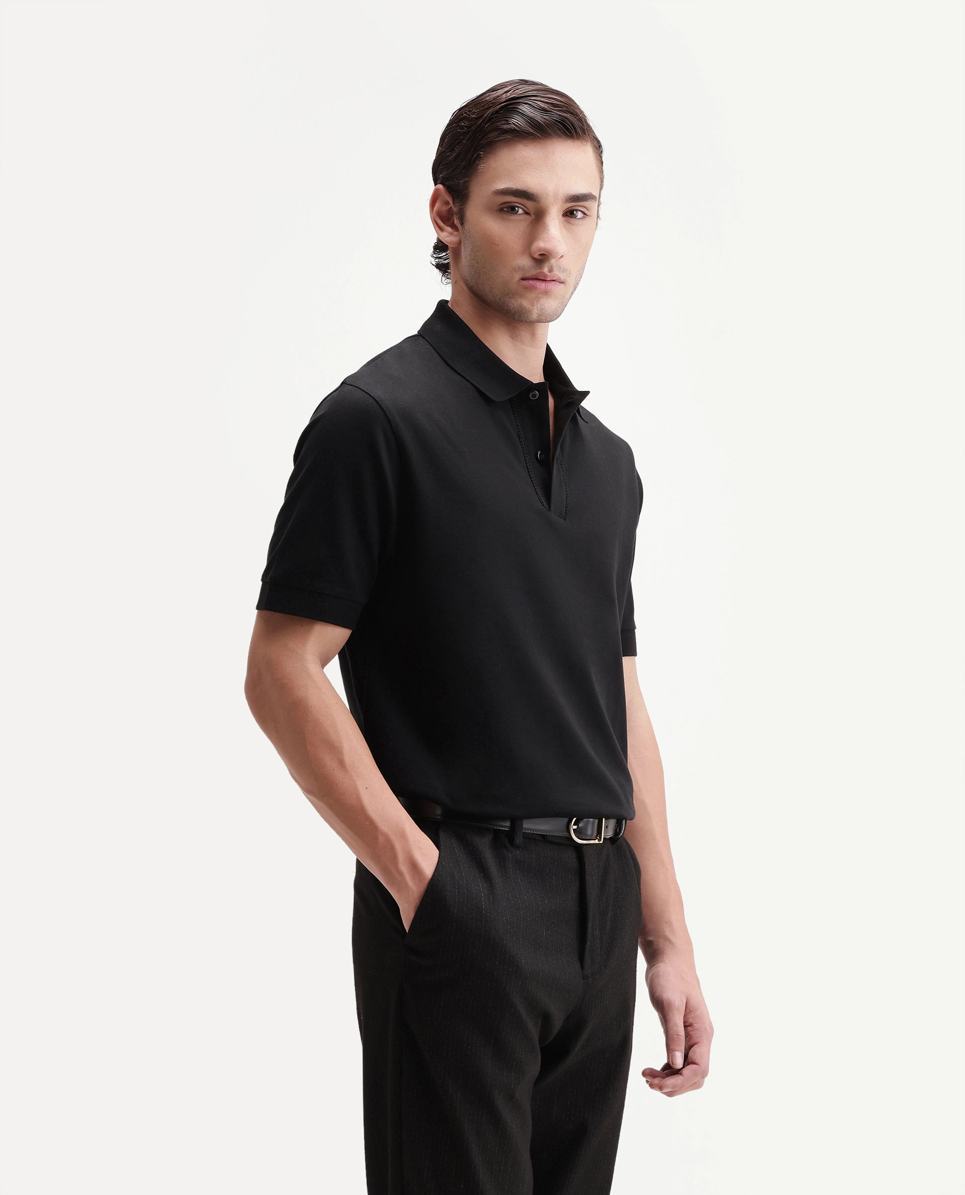Rare Rabbit Men's Drid Black Cotton Fabric Half Sleeve Spread Collar Plain Polo