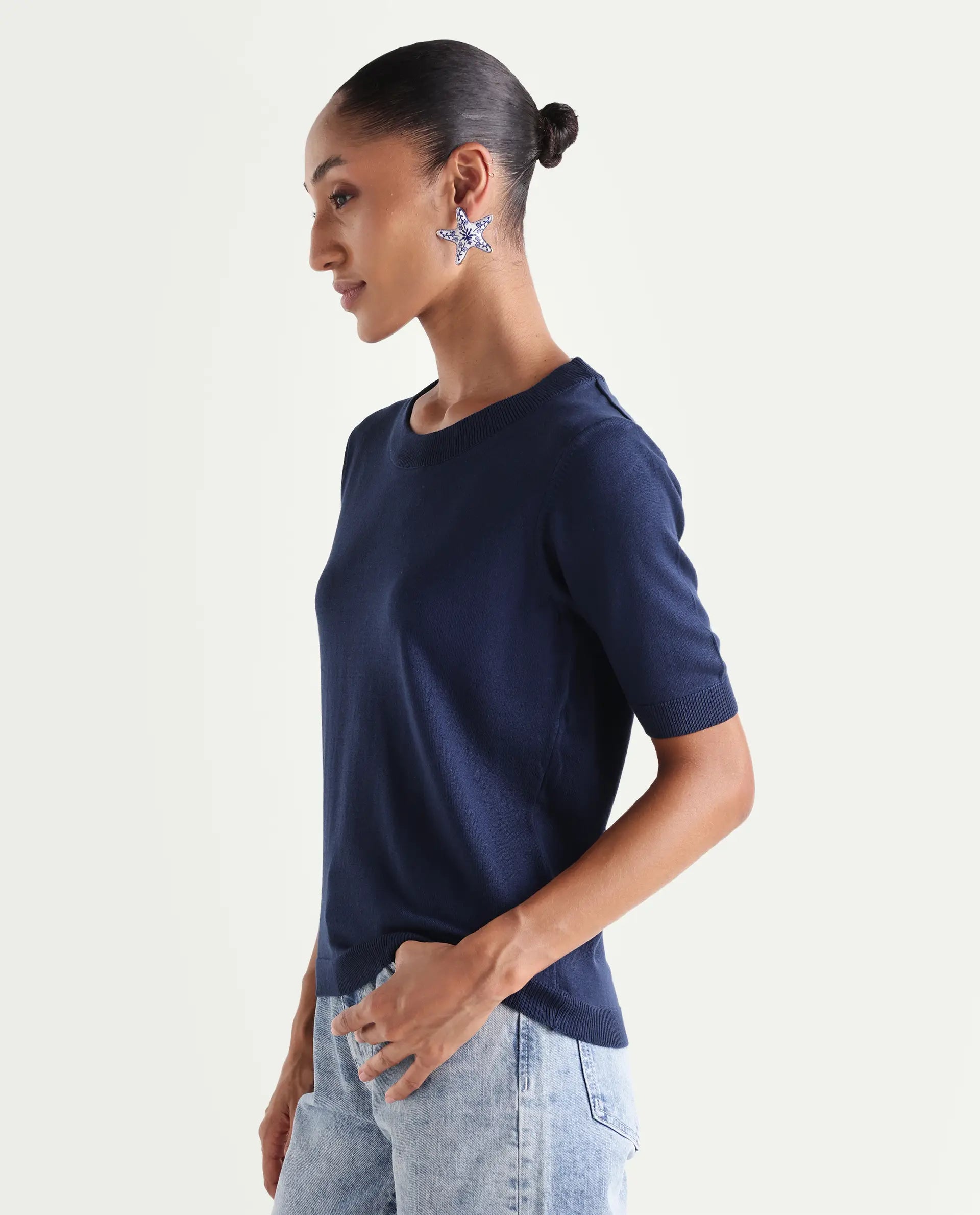 Rareism Women's Rohrdo Dark Navy Viscose Blend Crew Neck Regular Fit Plain Sweater