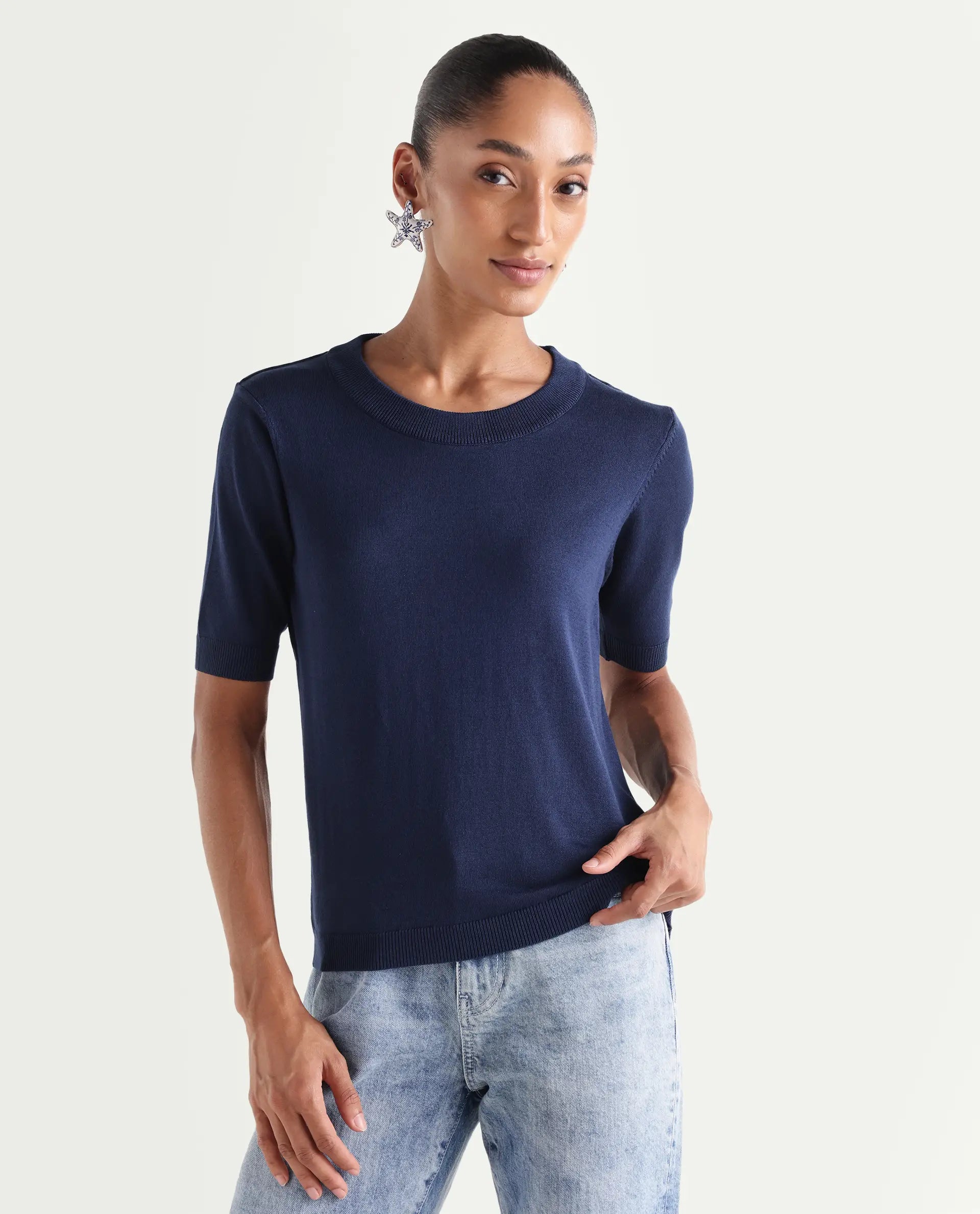 Rareism Women's Rohrdo Dark Navy Viscose Blend Crew Neck Regular Fit Plain Sweater