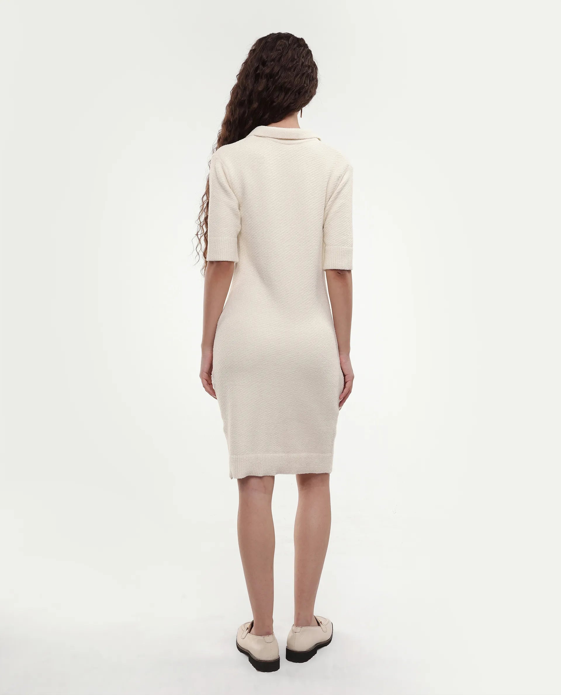 Rareism Women's Afchen Off White Nylon Spread Collar Regular Fit Plain Dress