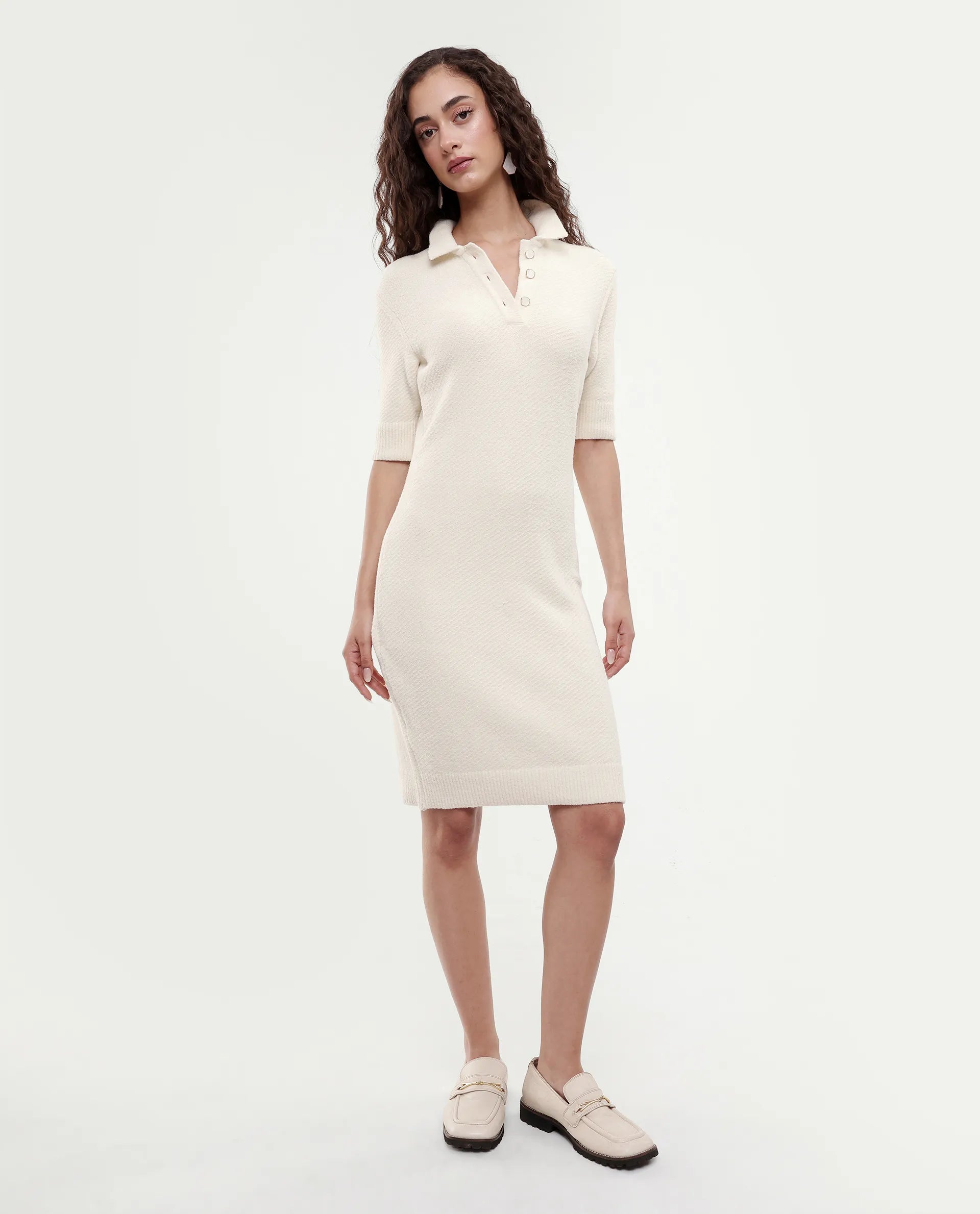 Rareism Women's Afchen Off White Nylon Spread Collar Regular Fit Plain Dress