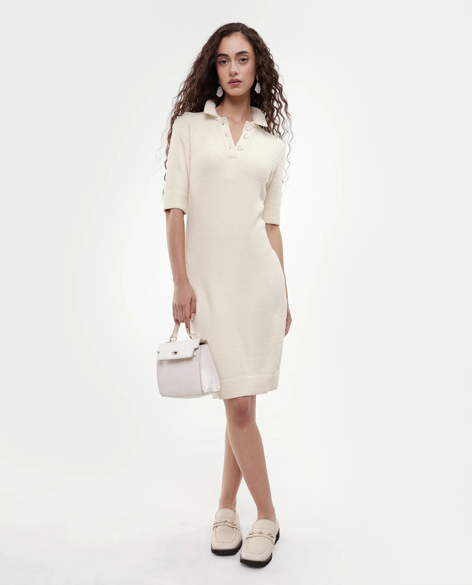 Rareism Women's Afchen Off White Nylon Spread Collar Regular Fit Plain Dress