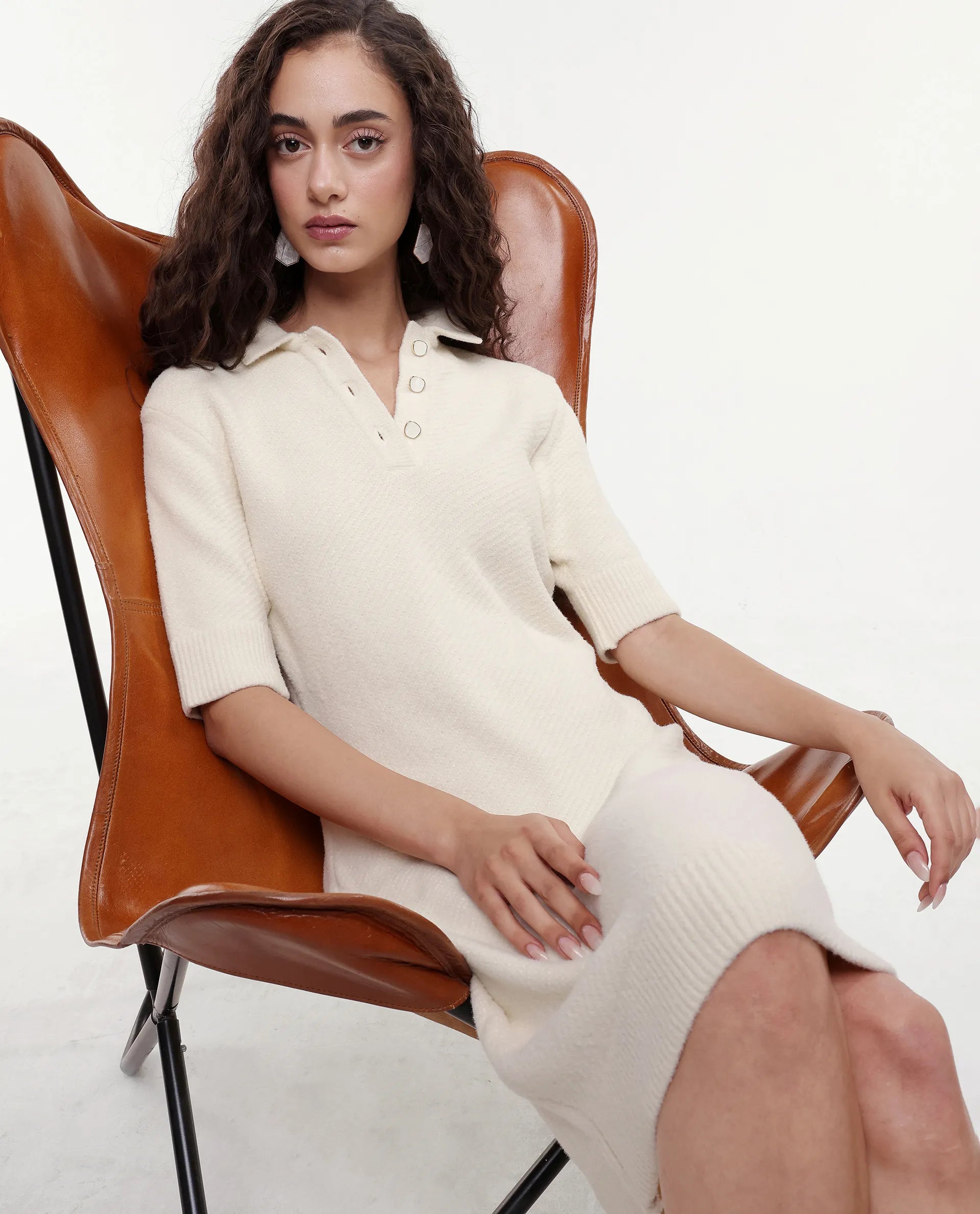 Rareism Women's Afchen Off White Nylon Spread Collar Regular Fit Plain Dress