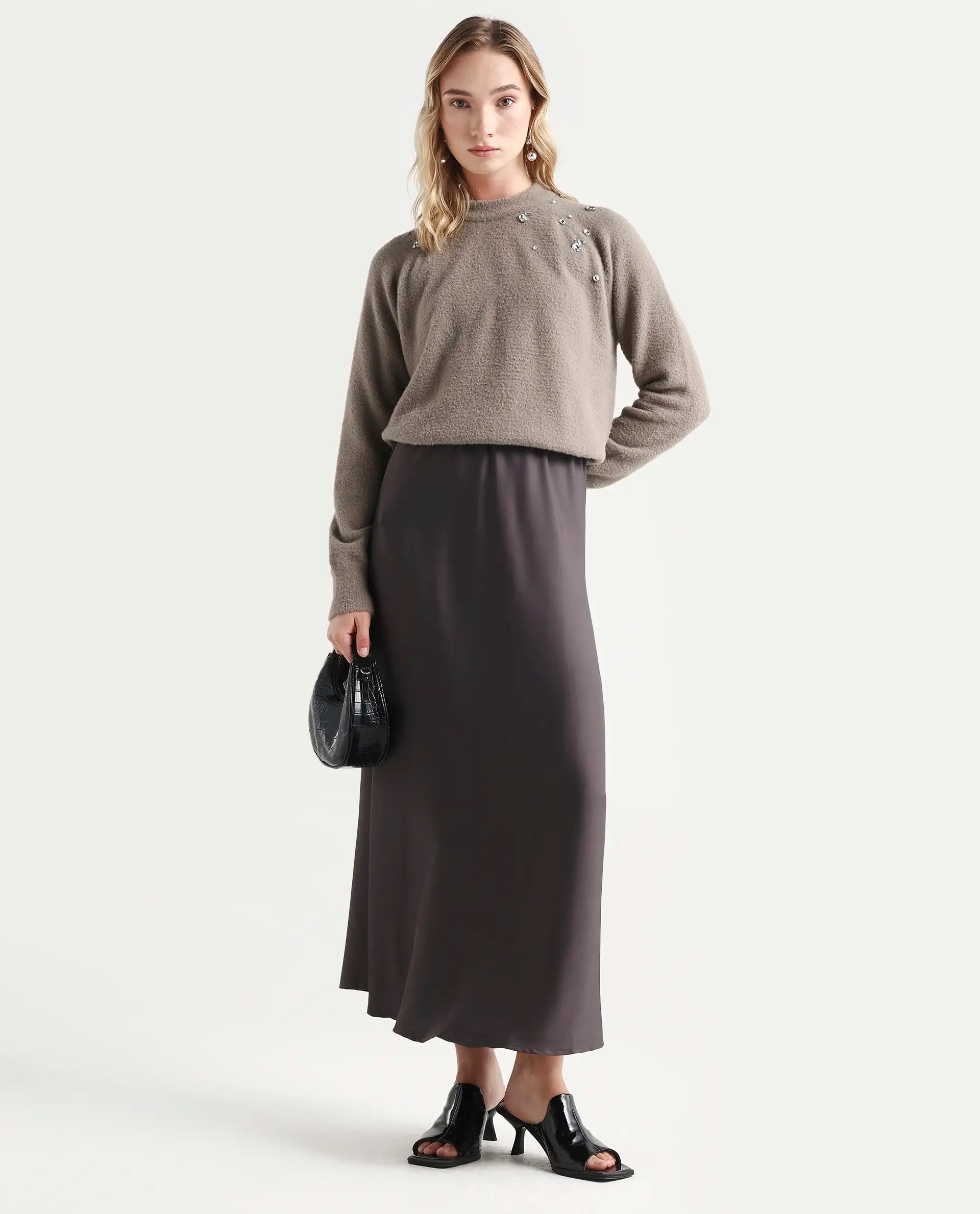 Rareism Women's Jade Dark Beige Nylon Crew Neck Relaxed Fit Sweater