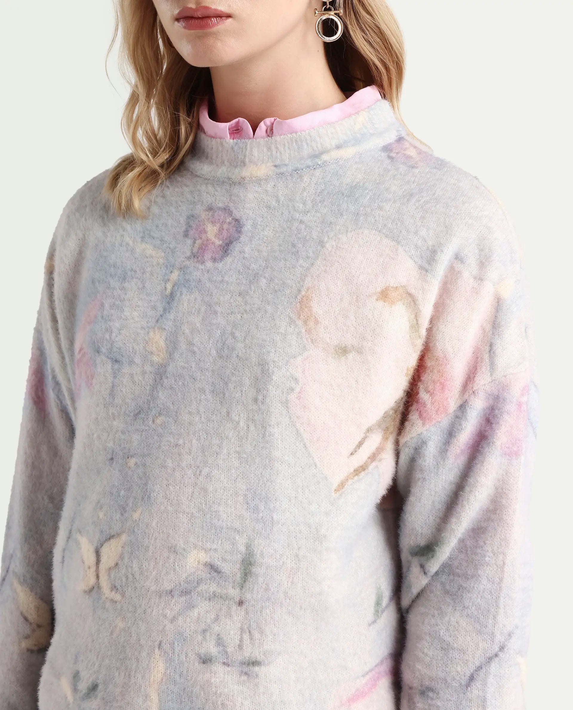 Rareism Women's Siriko Light Multi Acrylic Blend Crew Neck Floral Print Relaxed Fit Sweater