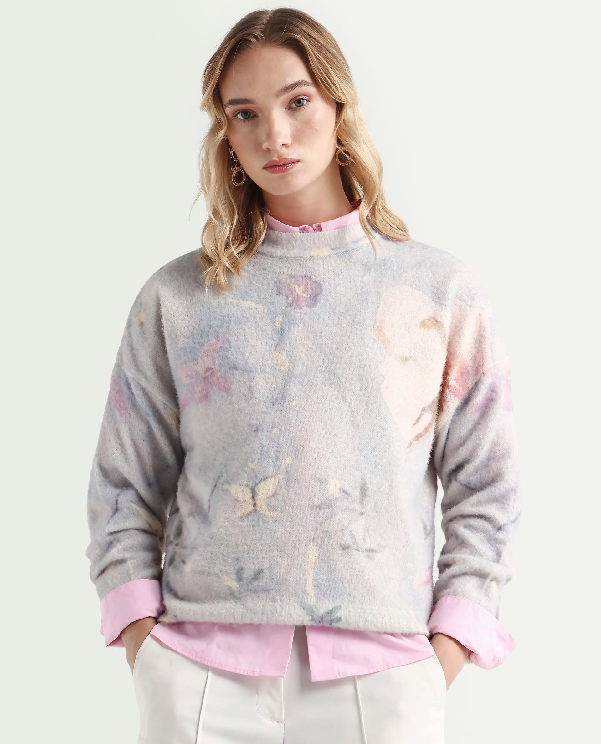 Rareism Women's Siriko Light Multi Acrylic Blend Crew Neck Floral Print Relaxed Fit Sweater