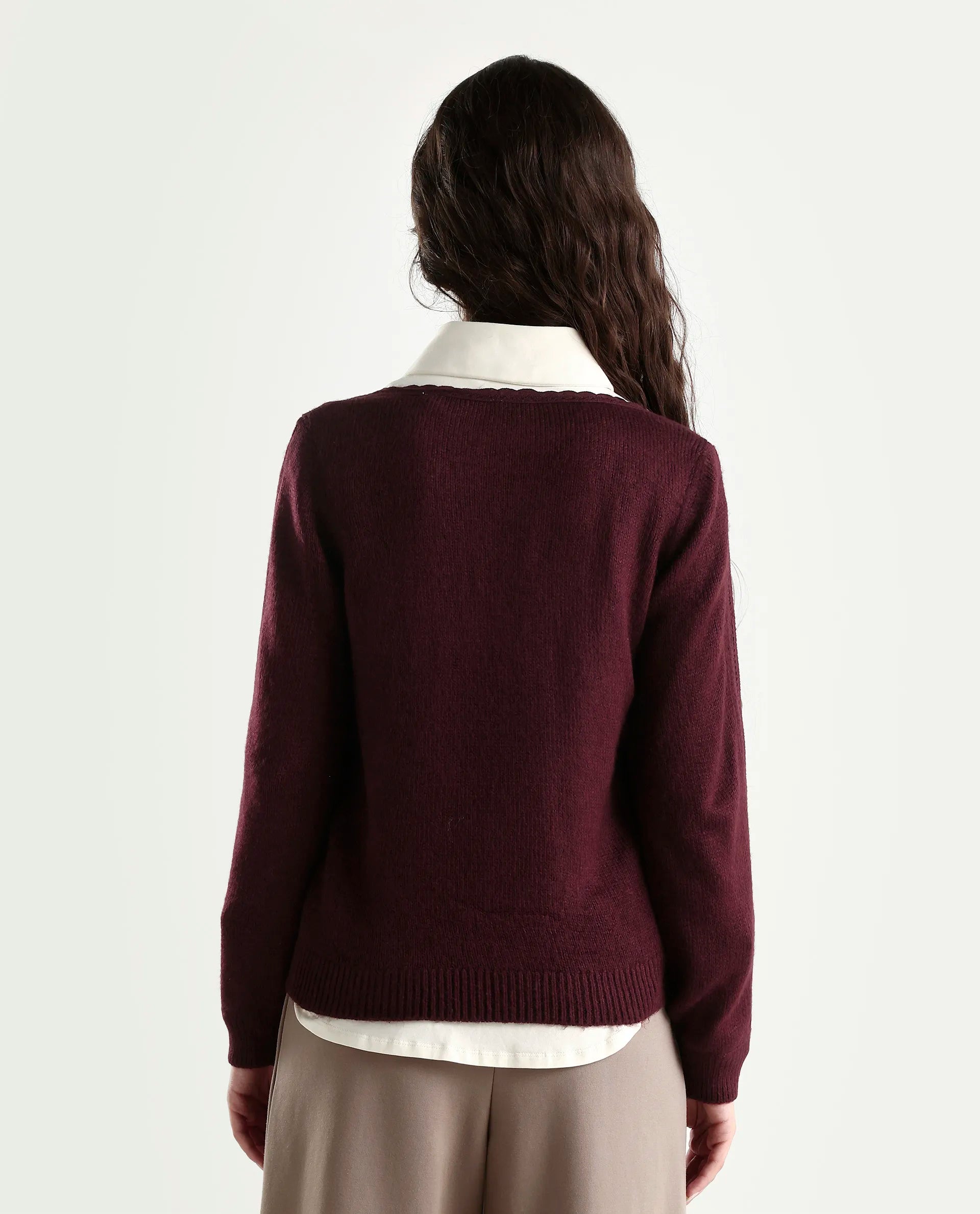 Rareism Women's Zula Dark Maroon Acrylic Blend Boat Neck Relaxed Fit Plain Sweater