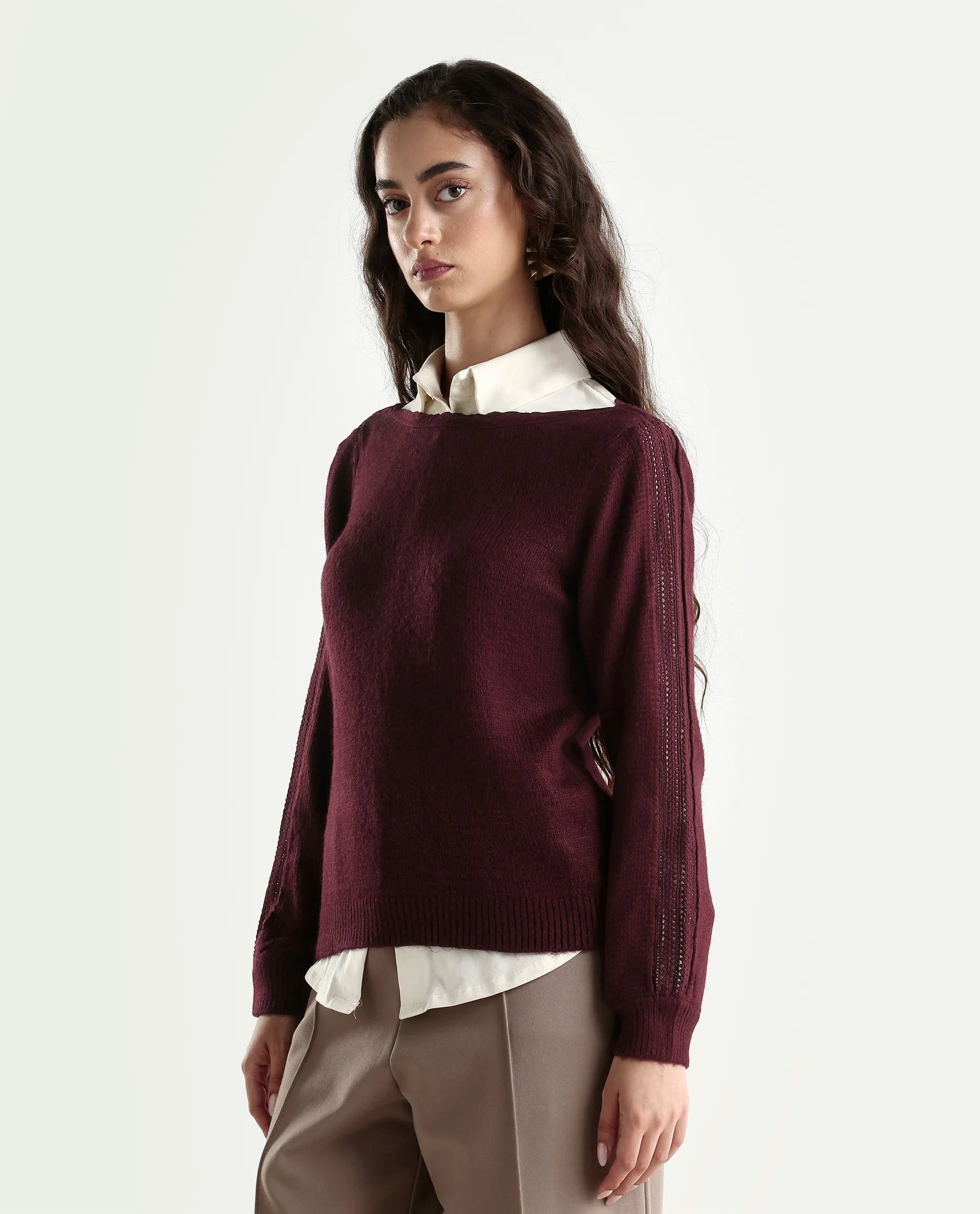 Rareism Women's Zula Dark Maroon Acrylic Blend Boat Neck Relaxed Fit Plain Sweater