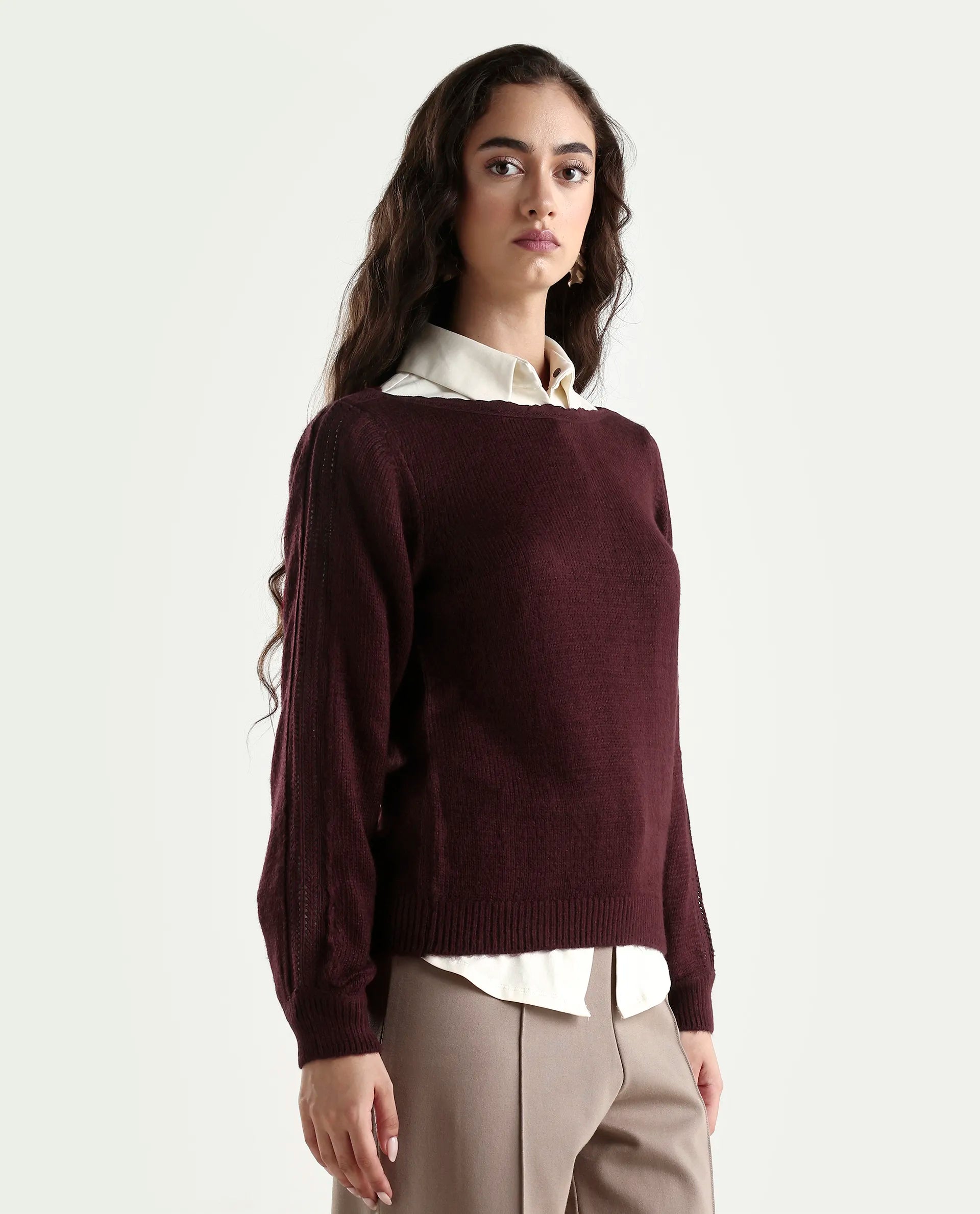Rareism Women's Zula Dark Maroon Acrylic Blend Boat Neck Relaxed Fit Plain Sweater