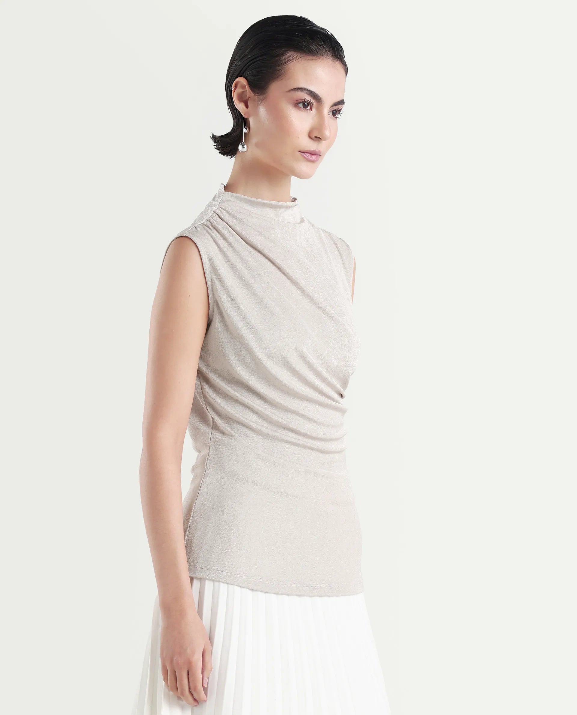 Rareism Women's Zoptus Light Beige Polyester Blend High Neck Regular Fit Plain Top
