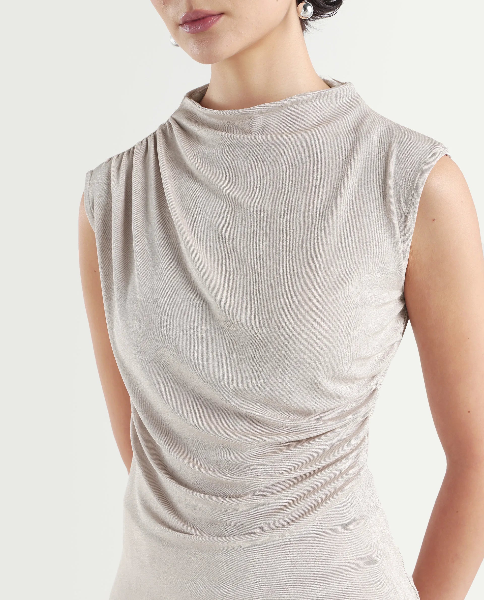 Rareism Women's Zoptus Light Beige Polyester Blend High Neck Regular Fit Plain Top