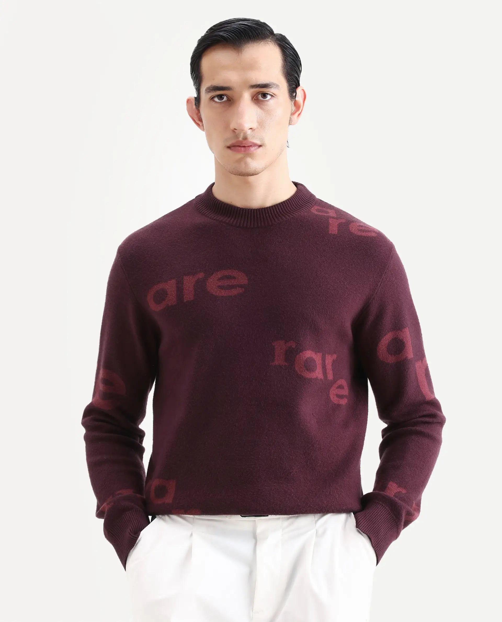 Rare Rabbit Men's Chet Dark Maroon Viscose Monogram Print Regular Fit Full Sleeve Crew Neck Sweater