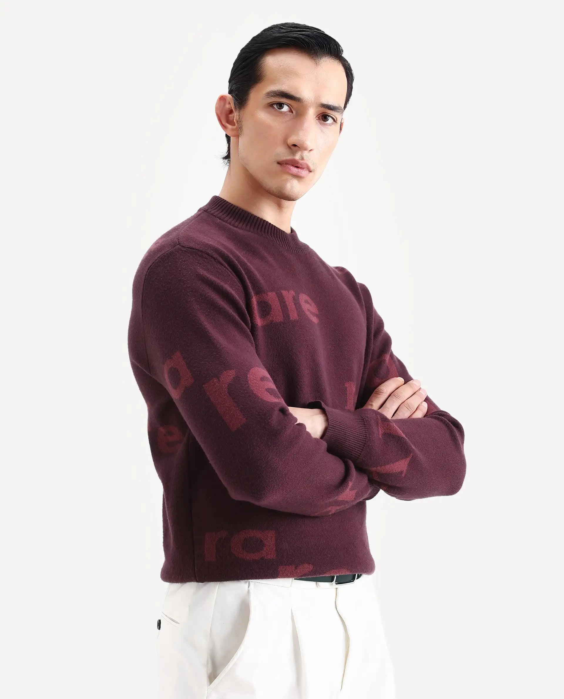Rare Rabbit Men's Chet Dark Maroon Viscose Monogram Print Regular Fit Full Sleeve Crew Neck Sweater