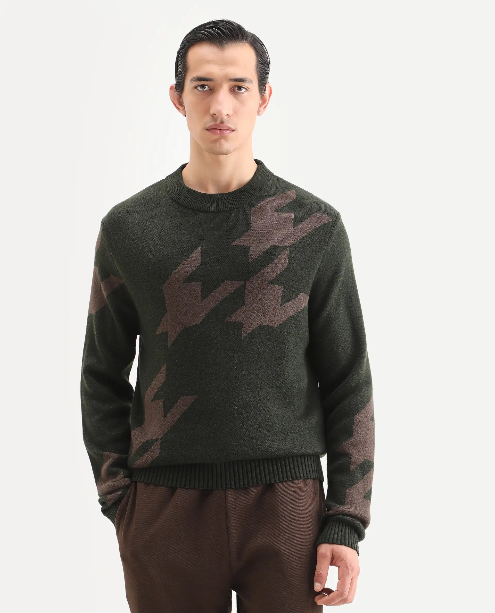 Rare Rabbit Men's Hond Dark Olive Acrylic Abstract Print Regular Fit Full Sleeve Crew Neck Sweater