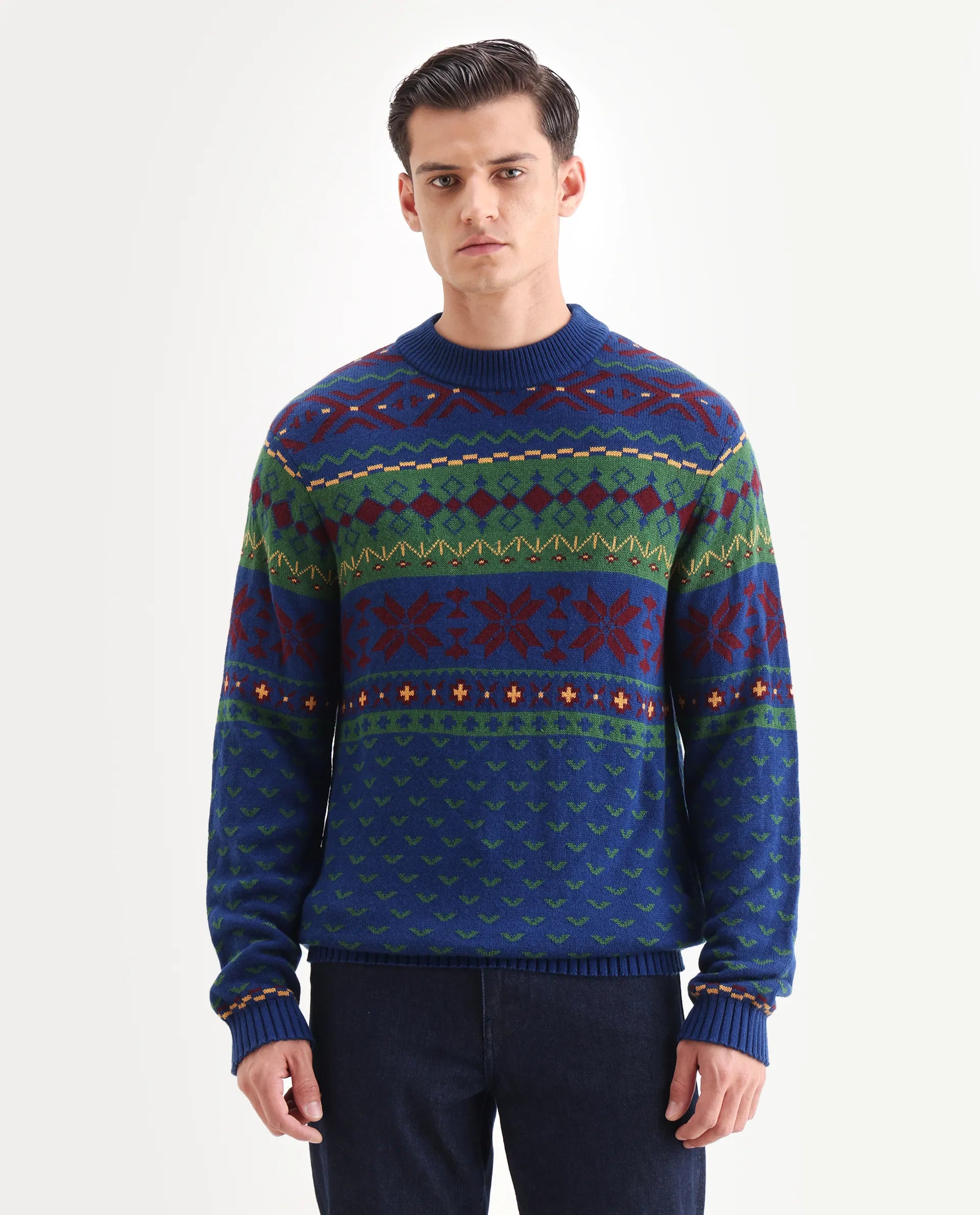 Rare Rabbit Men's Cri Blue Acrylic Fabric Full Sleeve Crew Neck Ombre Sweater