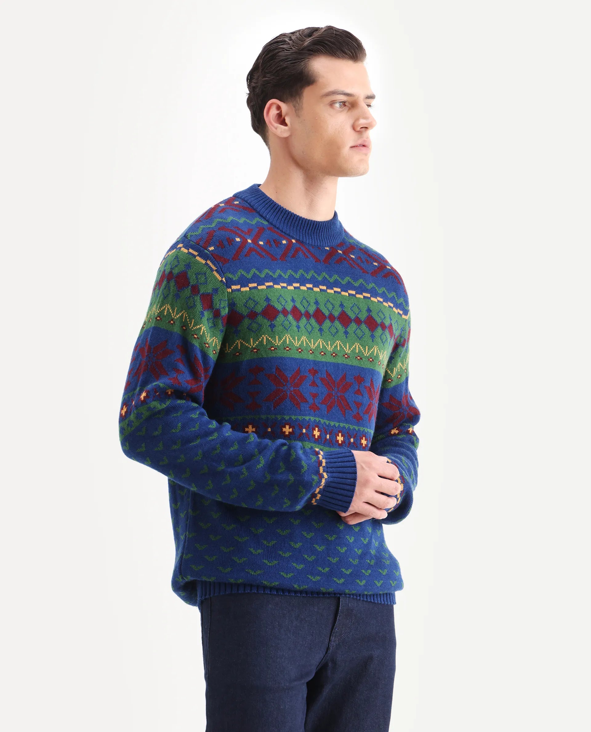 Rare Rabbit Men's Cri Blue Acrylic Fabric Full Sleeve Crew Neck Ombre Sweater