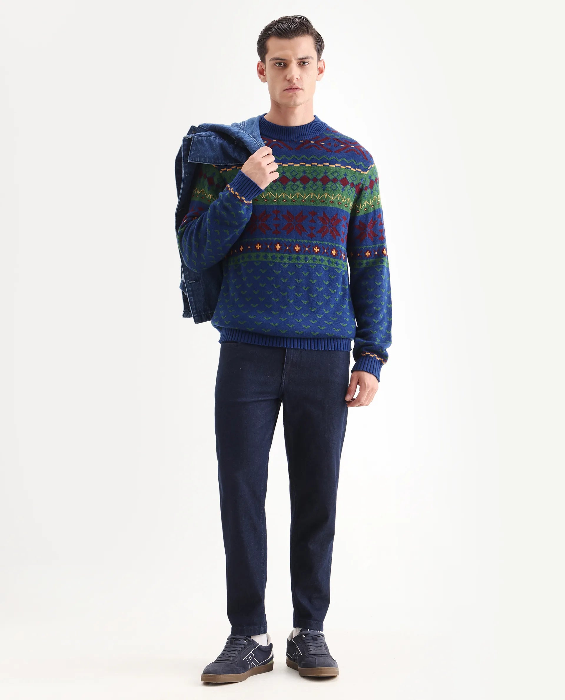 Rare Rabbit Men's Cri Blue Acrylic Fabric Full Sleeve Crew Neck Ombre Sweater