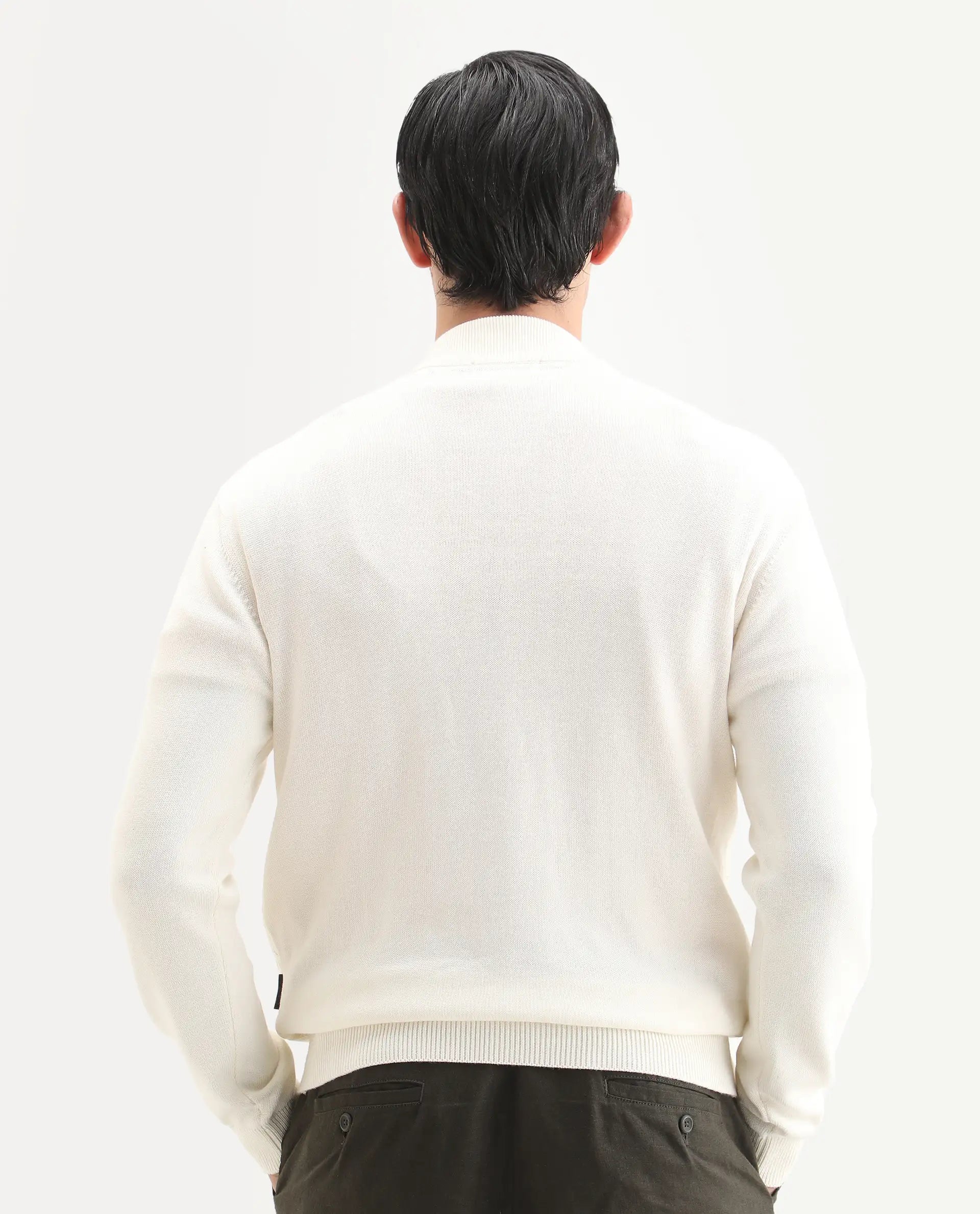 Rare Rabbit Men's Toyder Off White Cotton Textured Regular Fit Full Sleeve High Neck Sweater