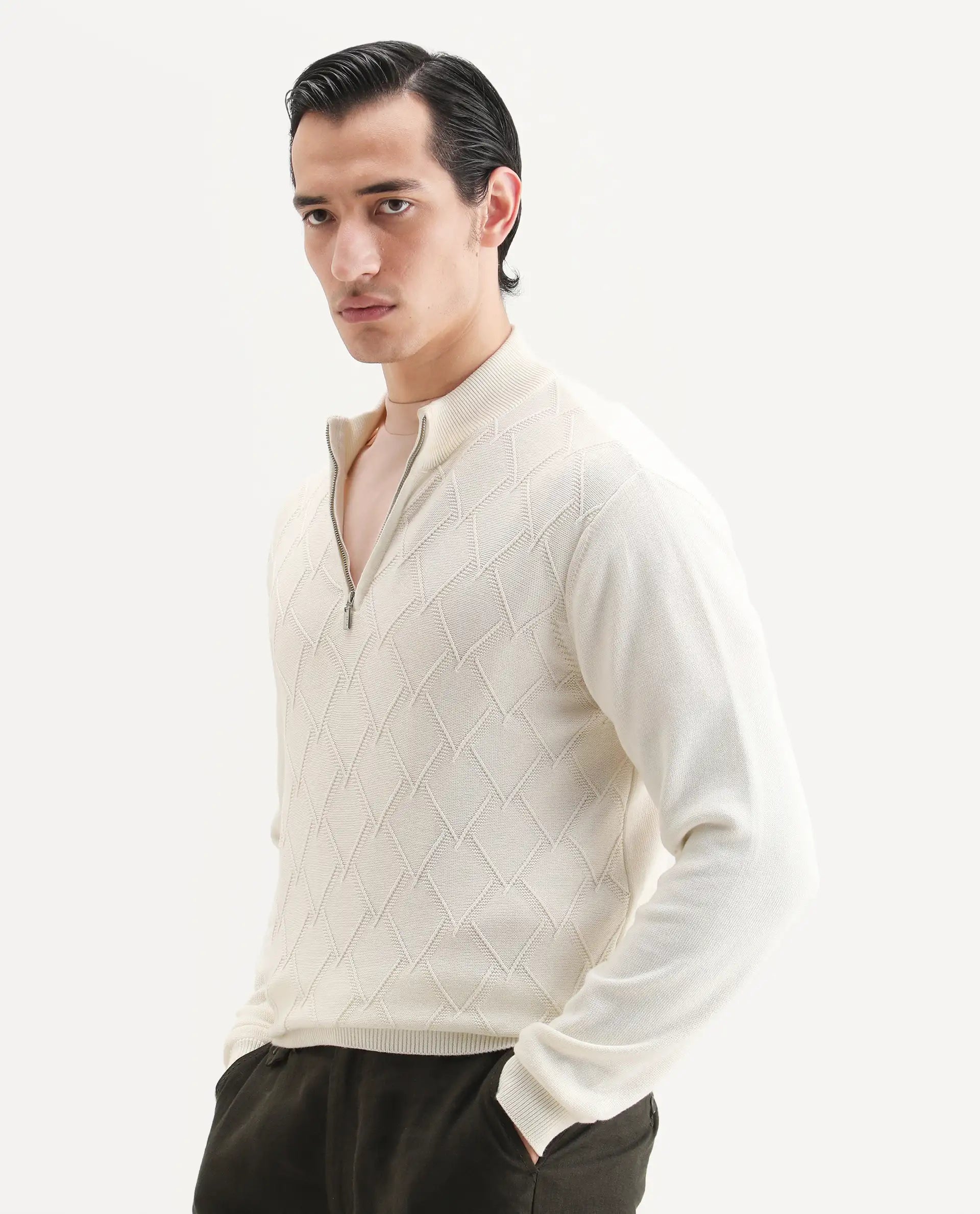 Rare Rabbit Men's Toyder Off White Cotton Textured Regular Fit Full Sleeve High Neck Sweater