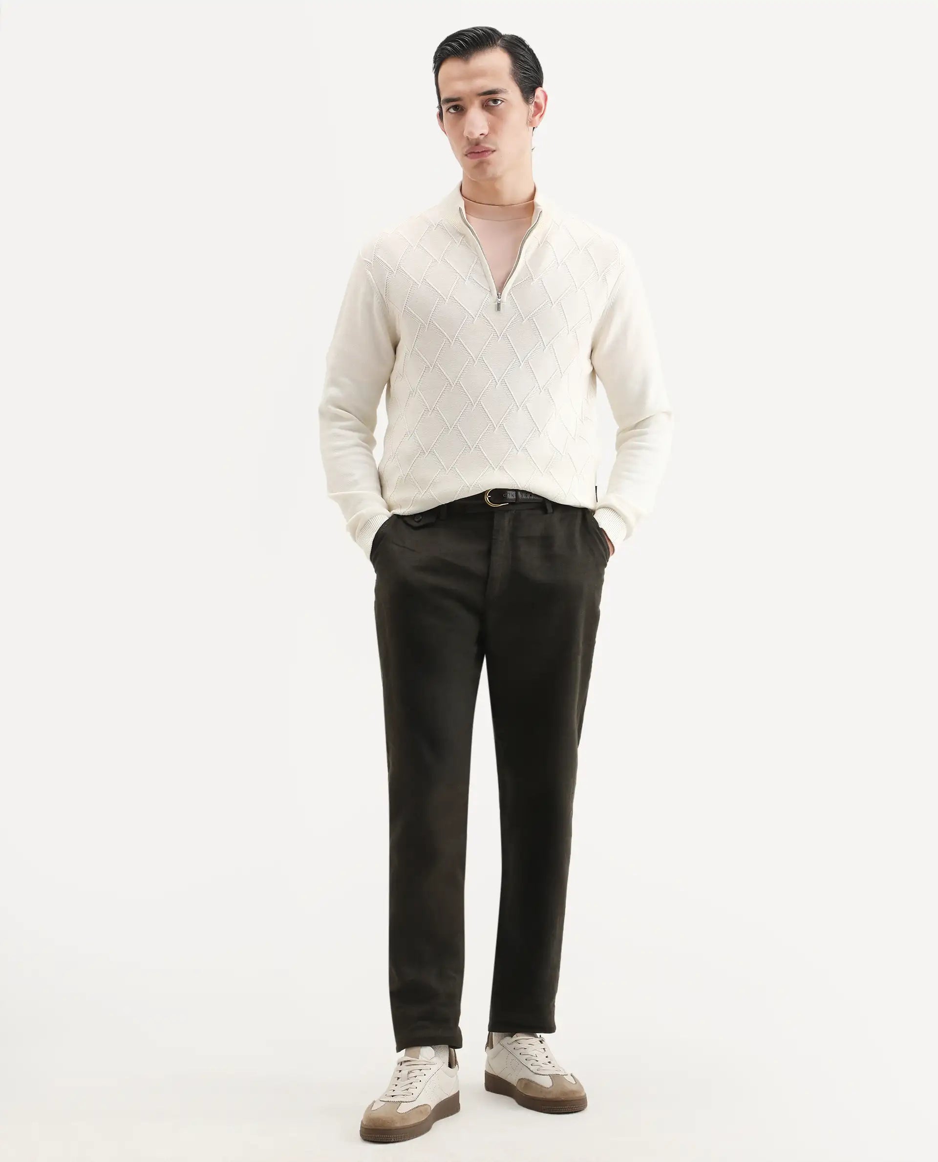 Rare Rabbit Men's Toyder Off White Cotton Textured Regular Fit Full Sleeve High Neck Sweater
