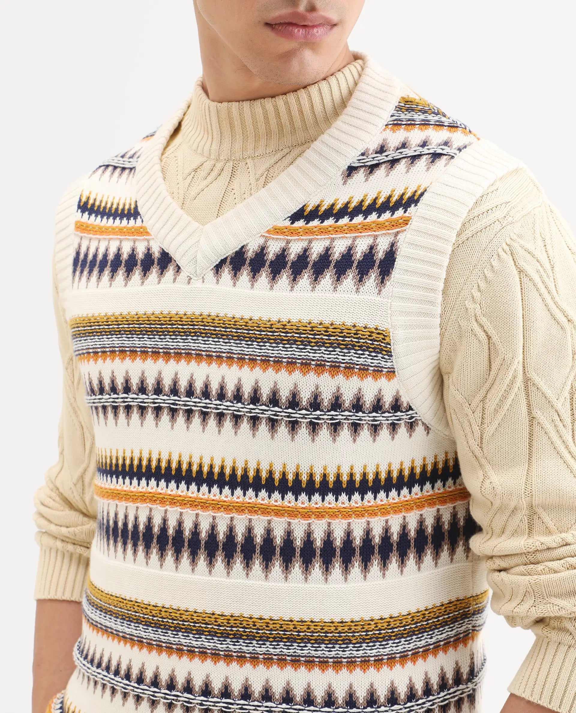 Rare Rabbit Men's Loto Off White Cotton Fabric Full Sleeve Crew Neck Ombre Sweater