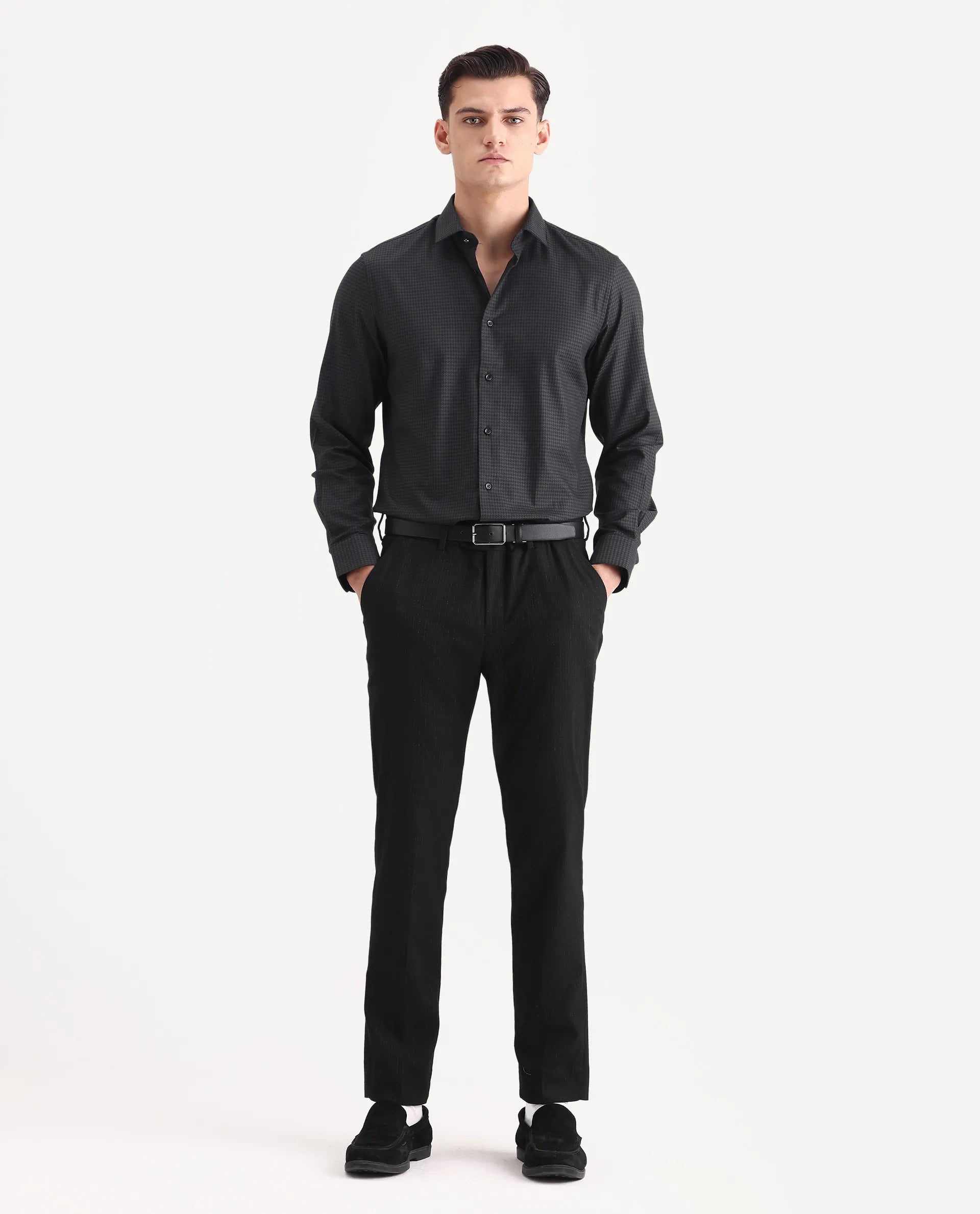Rare Rabbit Men's Rapid-25 Black Cotton Fabric Collared Neck Regular Fit Checks Shirt