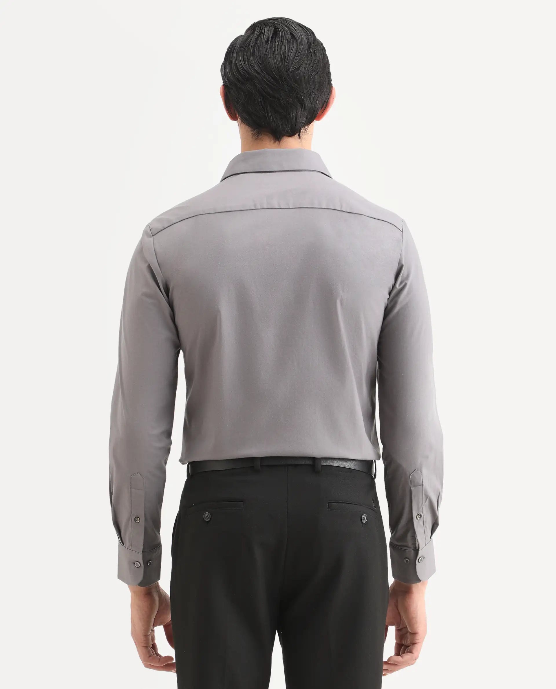 Rare Rabbit Men's Murp Dark Grey Polyester Blend Plain Regular Fit Full Sleeve Collared Shirt
