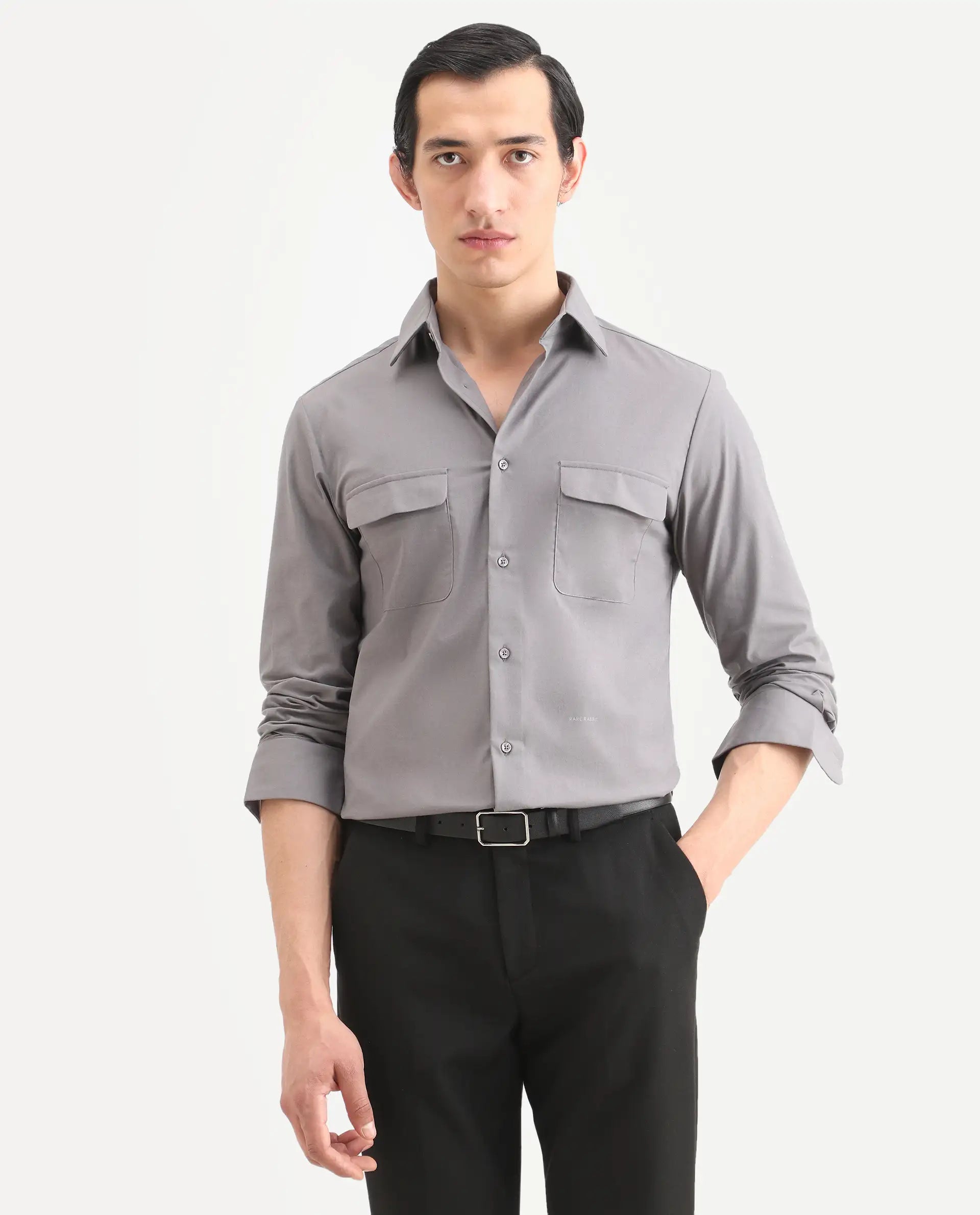 Rare Rabbit Men's Murp Dark Grey Polyester Blend Plain Regular Fit Full Sleeve Collared Shirt