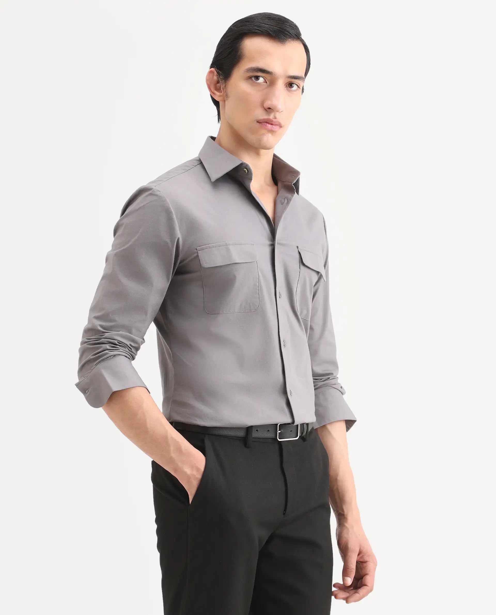 Rare Rabbit Men's Murp Dark Grey Polyester Blend Plain Regular Fit Full Sleeve Collared Shirt
